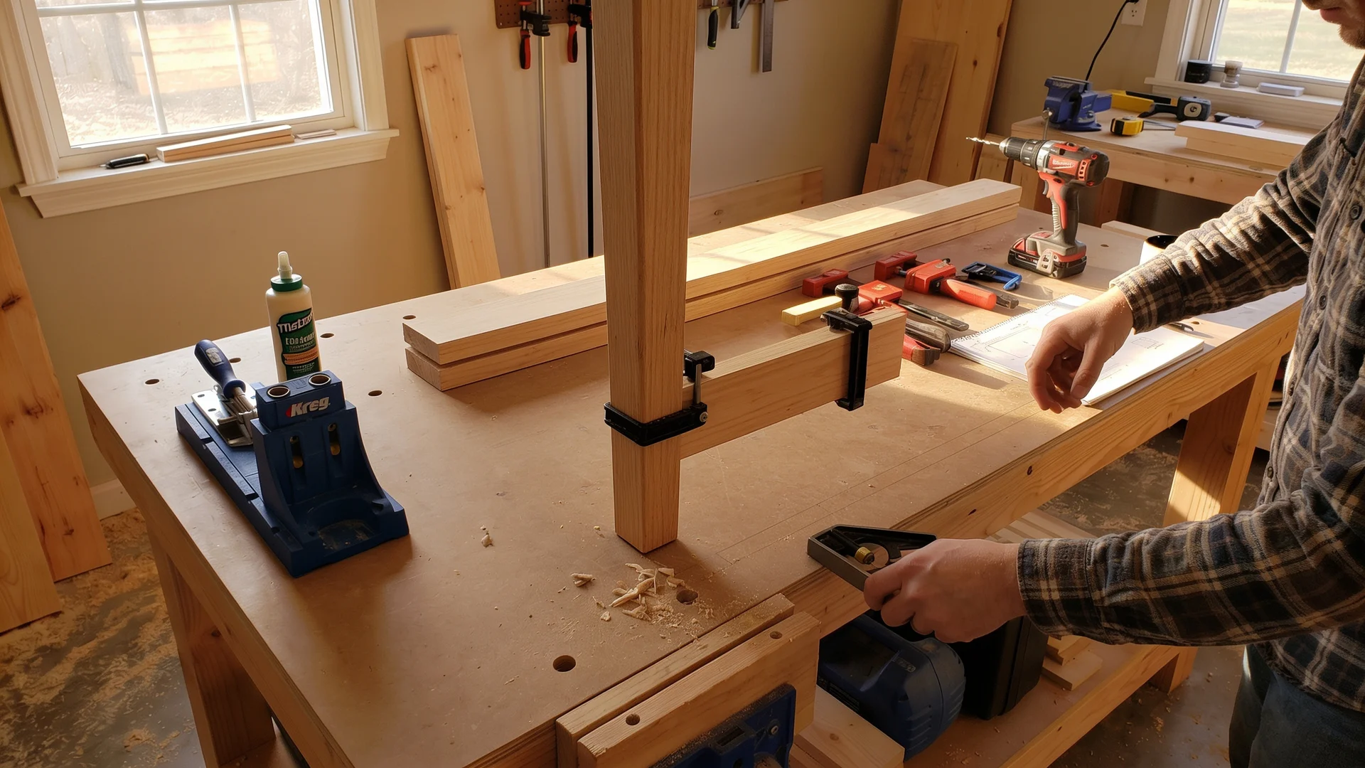 Testing apron placement on farmhouse table legs
