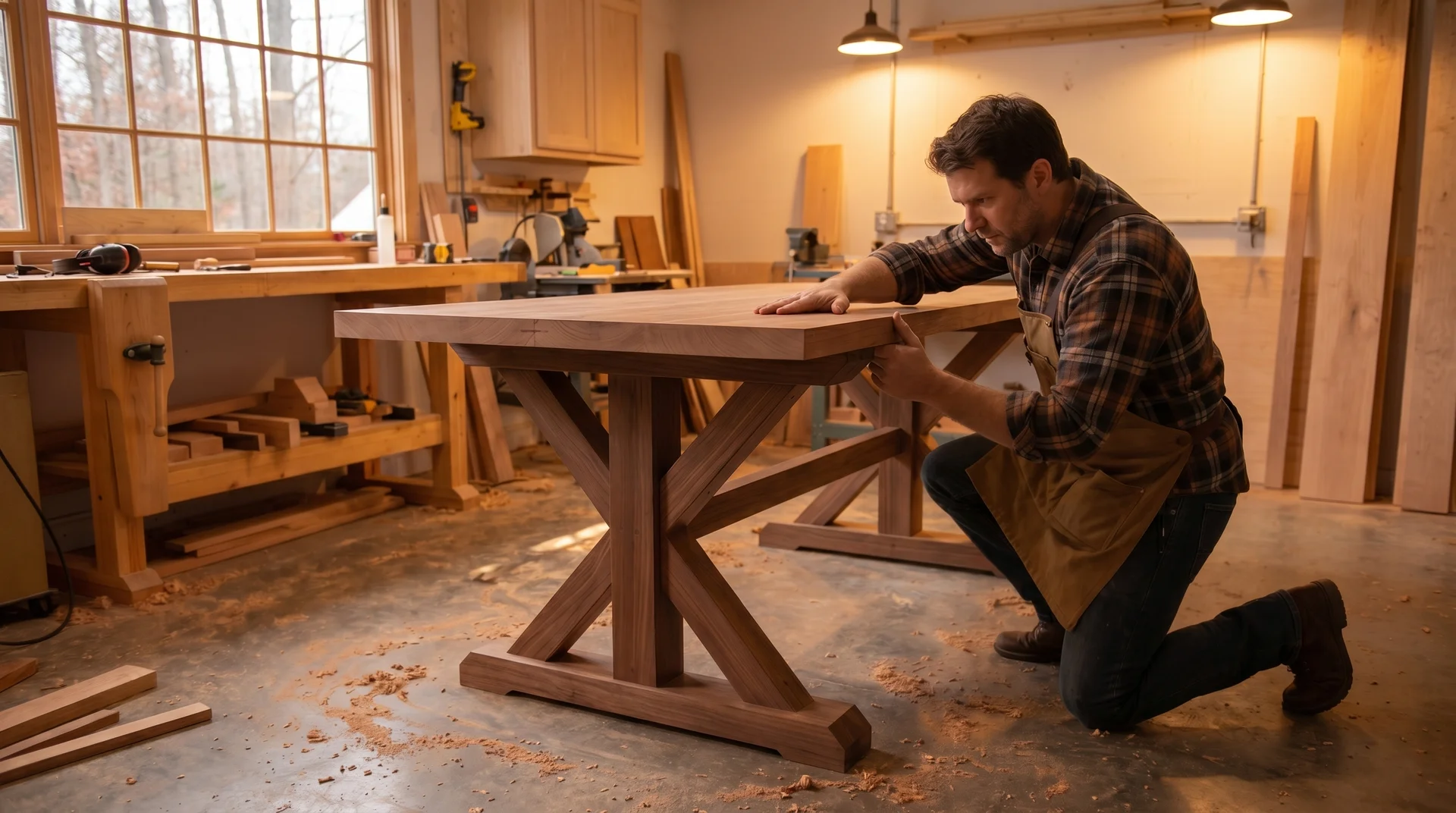 Testing the stability of a completed farmhouse table
