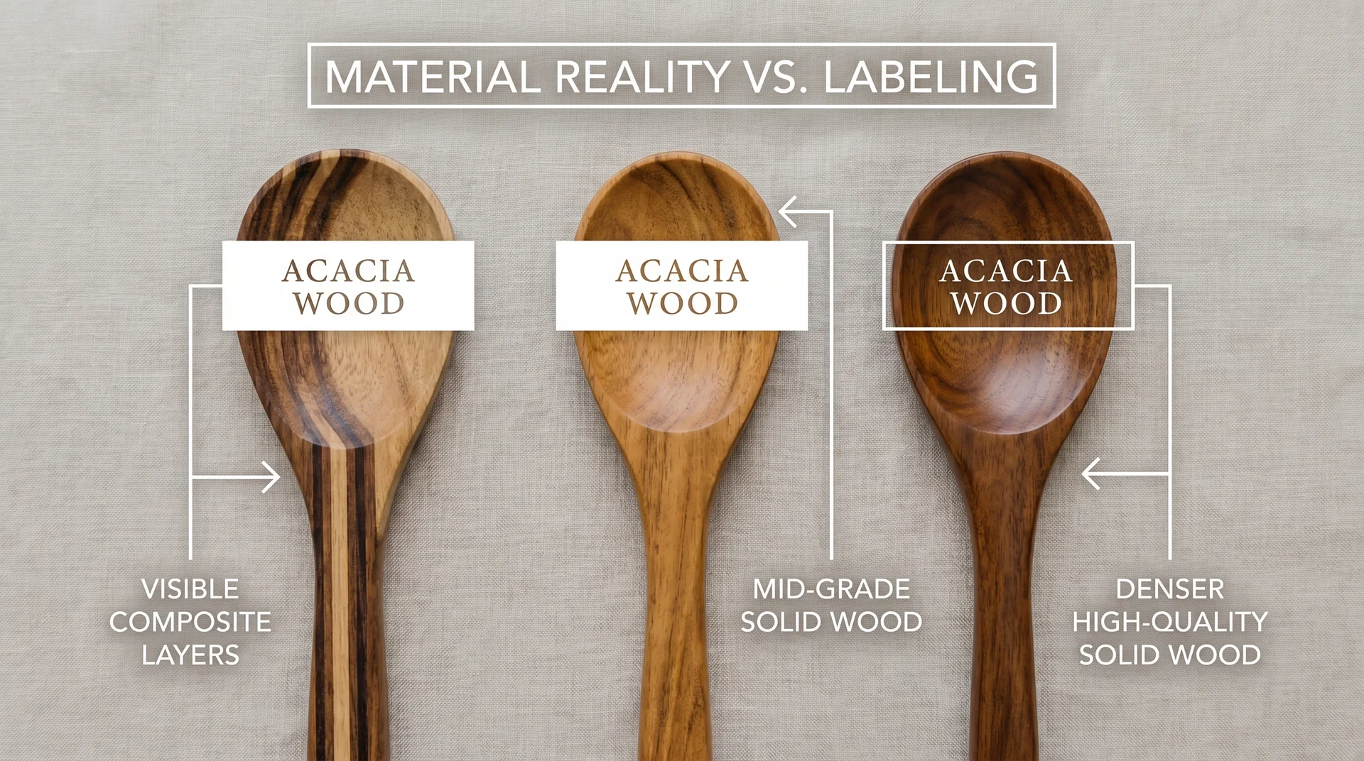 Three acacia-labeled utensils showing visible quality differences from composite to solid dense wood