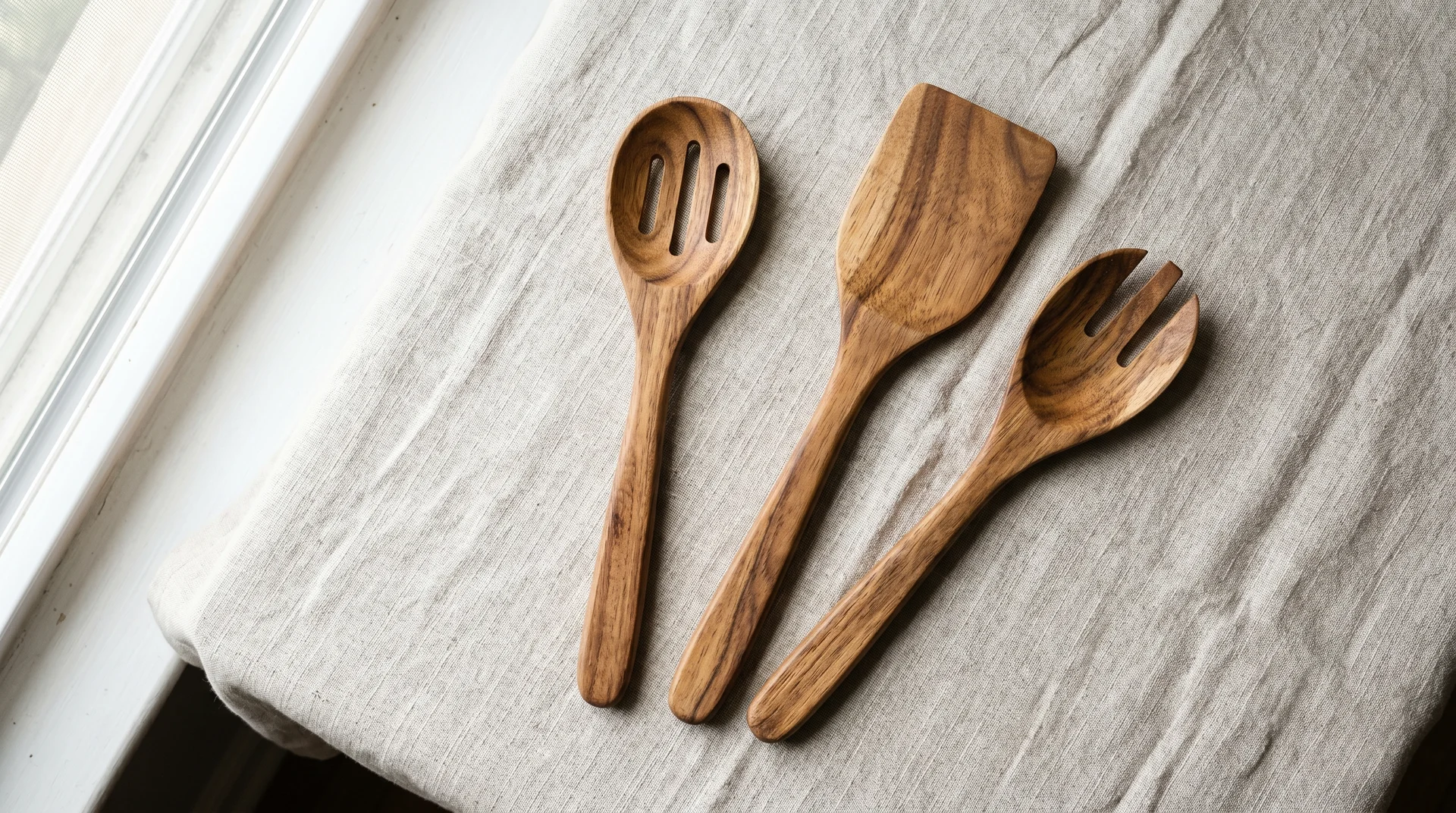 Three acacia wood cooking utensils on linen showing natural wood grain variation