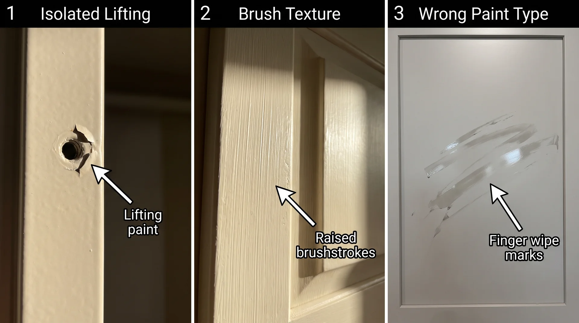 Three cabinet paint failure types side by side — lifting near hardware, brush texture, wrong paint finish