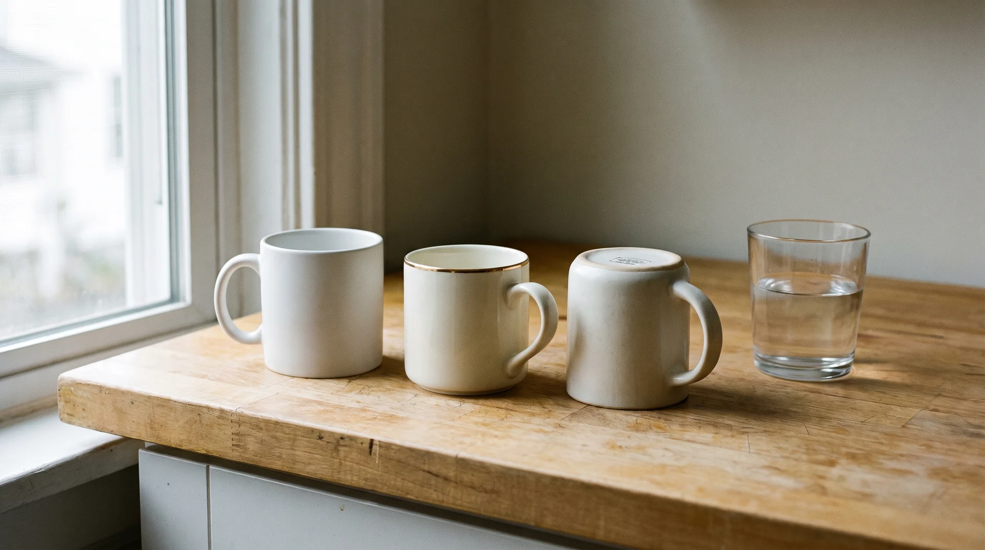 Three ceramic mugs on a wood kitchen counter beside a glass of water, showing plain, gold-rimmed, and unlabeled types