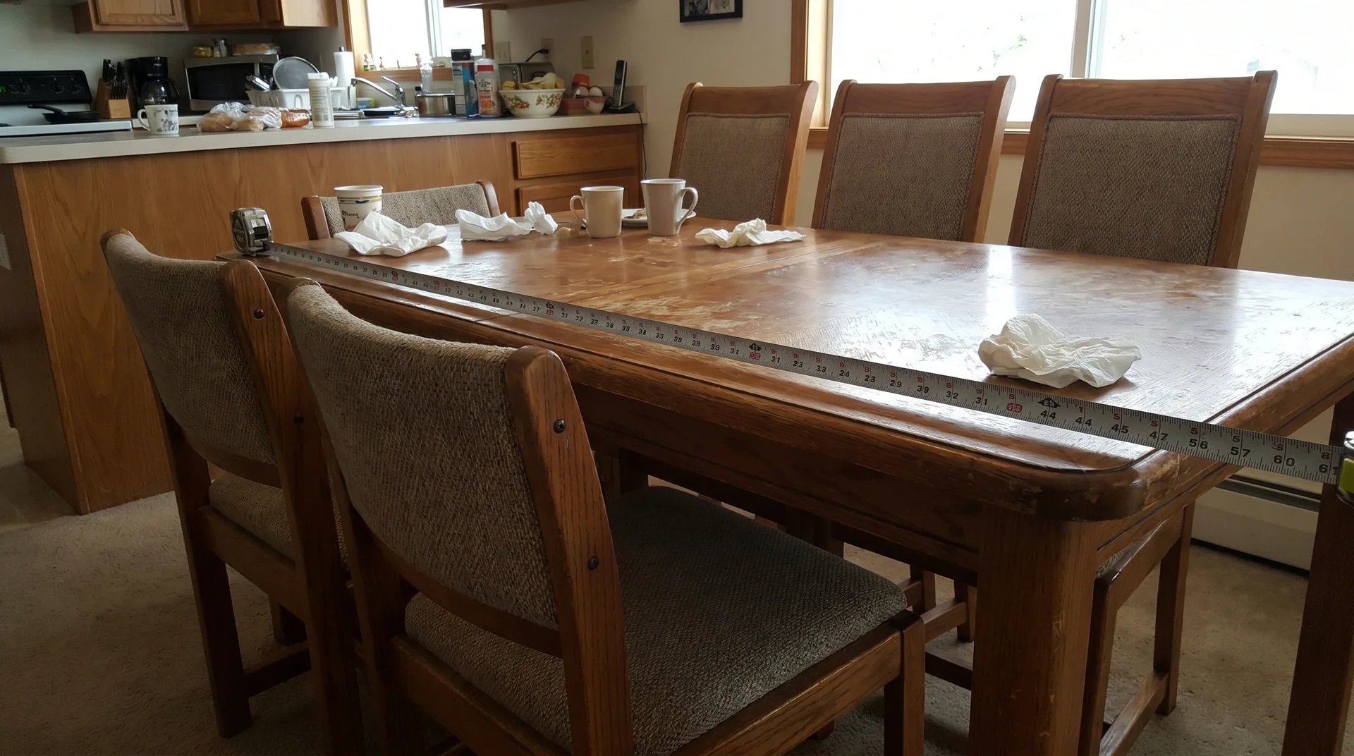 Three dining chairs crowded along a 72-inch table side showing how chair width limits elbow room