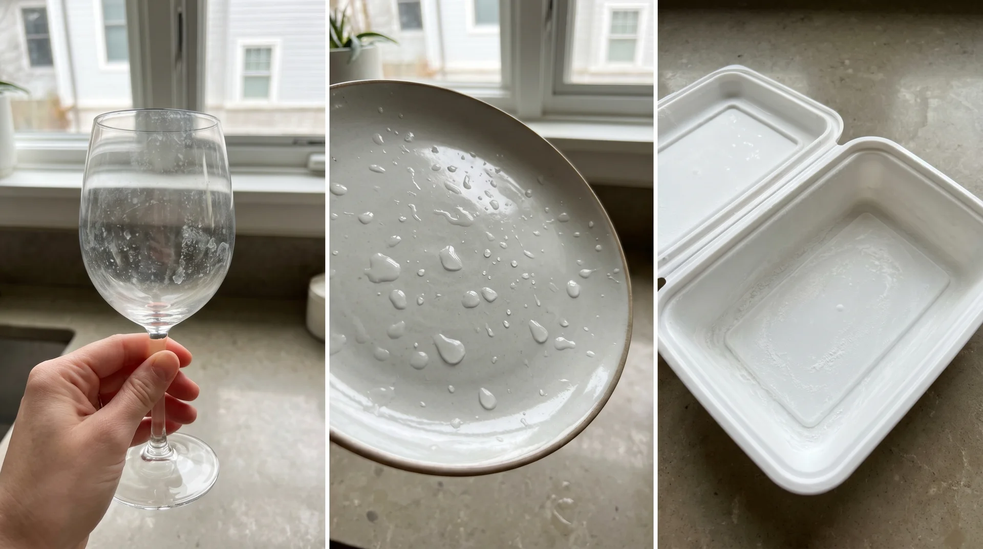 Three dishwasher failure modes side by side: spotted glass, water-beaded plate, and white-filmed plastic container