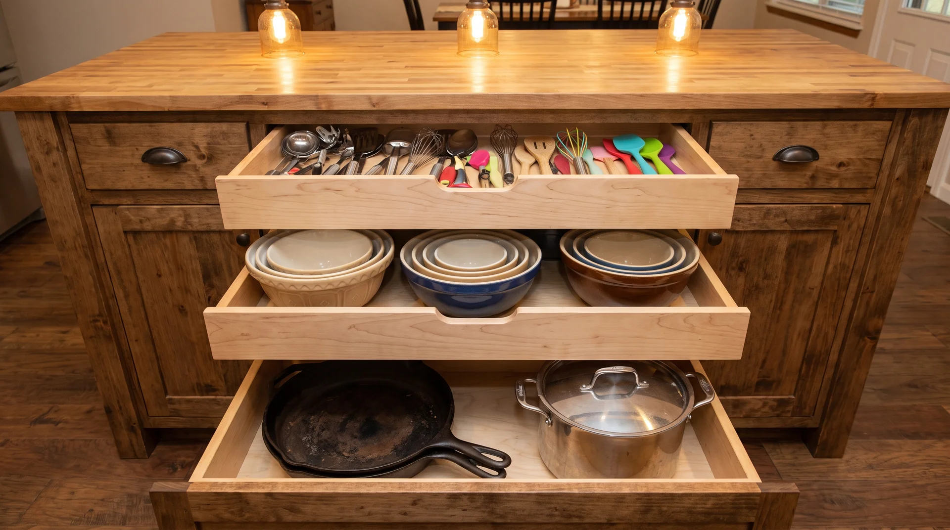 Three full-depth island drawers open simultaneously showing nested contents accessible from standing height