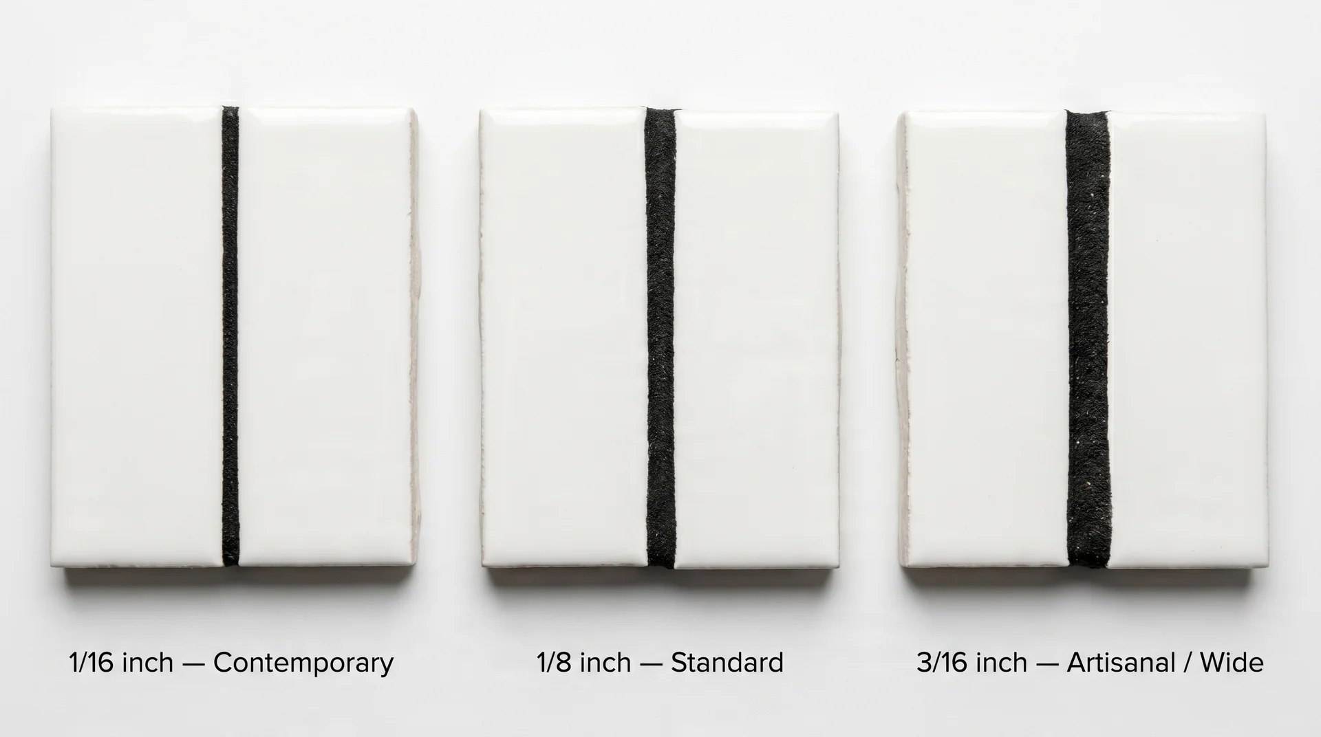 Three grout joint widths compared on white tile with black grout — thin, standard, and wide