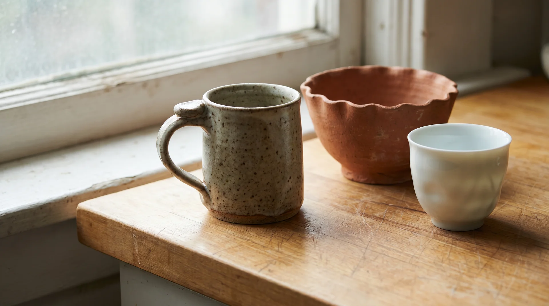 Three handmade pottery pieces on a kitchen counter — stoneware mug, terracotta bowl, and porcelain cup — assessed for microwave safety
