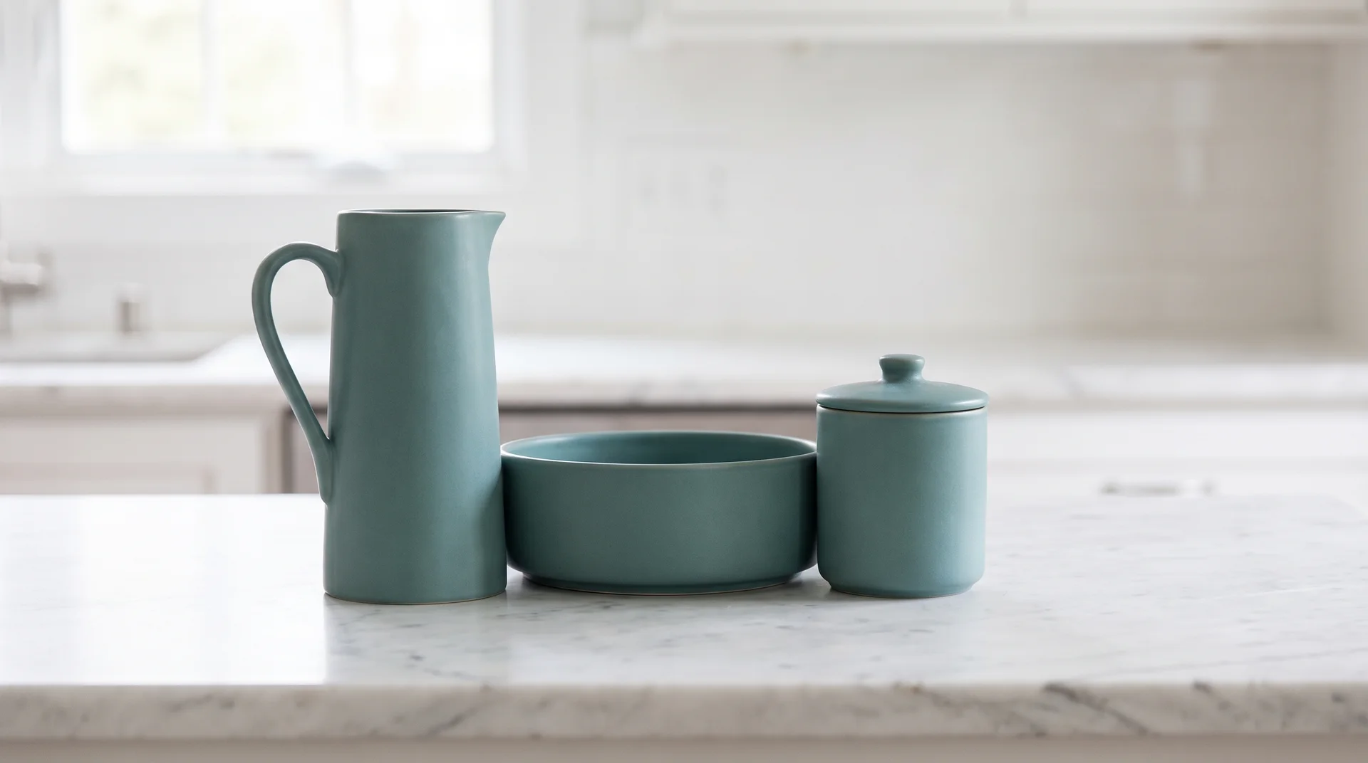 Three matte teal ceramic objects grouped together on a white marble kitchen counter demonstrating cluster placement