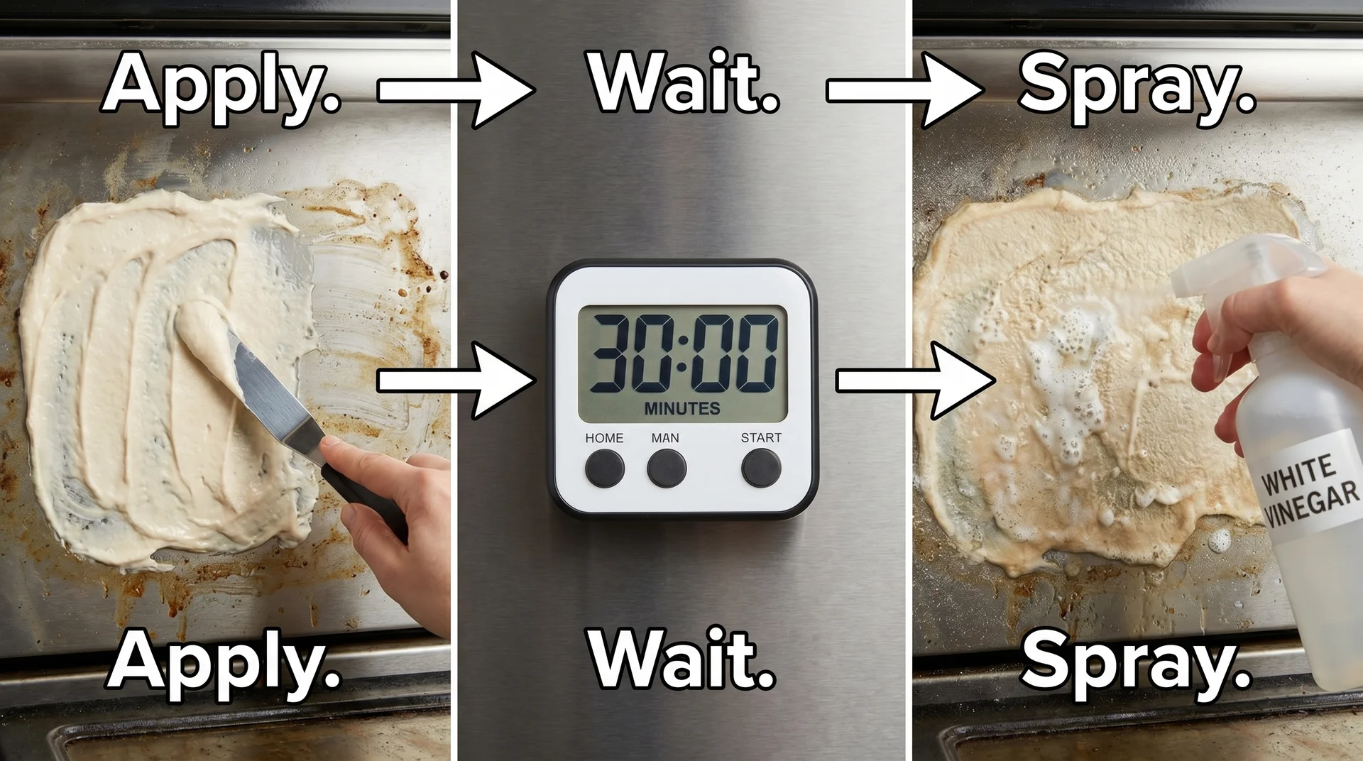 Three-panel diagram showing the correct baking soda and vinegar sequence for oven cleaning
