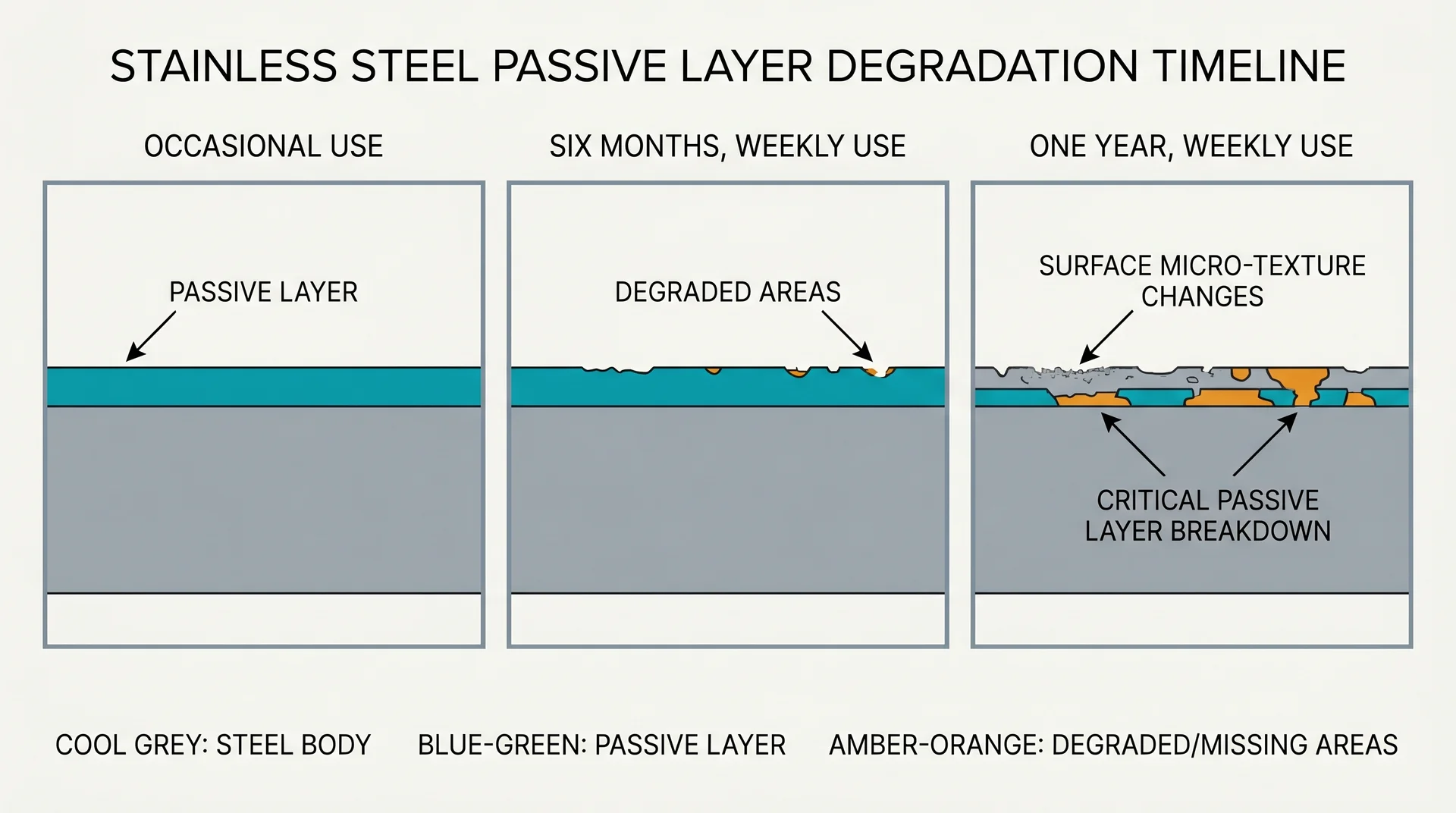 Three-panel timeline showing progressive passive layer thinning on stainless steel from repeated ammonia cleaner use