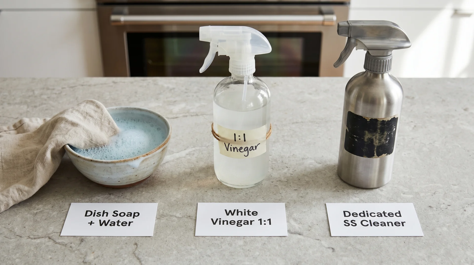Three stainless steel cleaning alternatives on a kitchen counter — soapy water bowl, diluted vinegar spray, and dedicated steel cleaner
