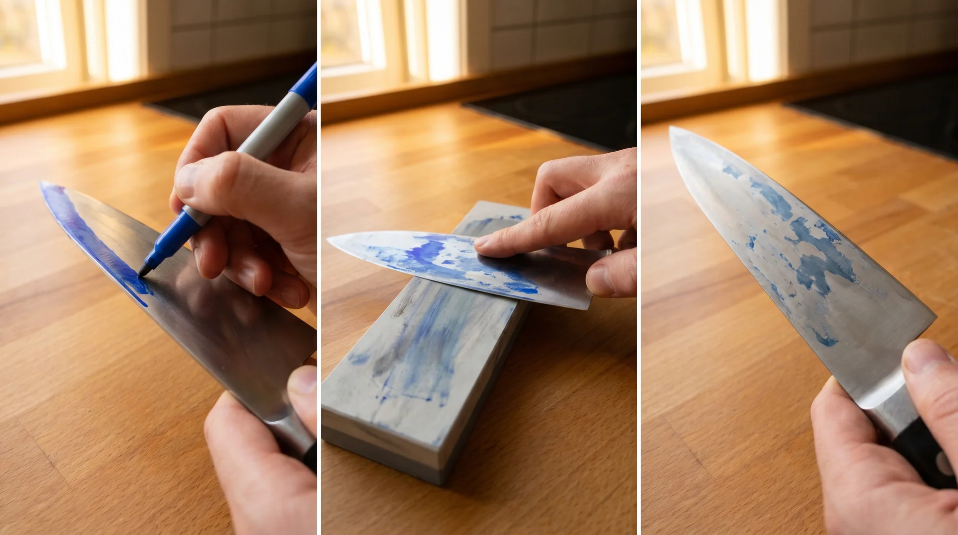 Three-step sequence showing the Sharpie marker method for finding a kitchen knife's existing sharpening angle