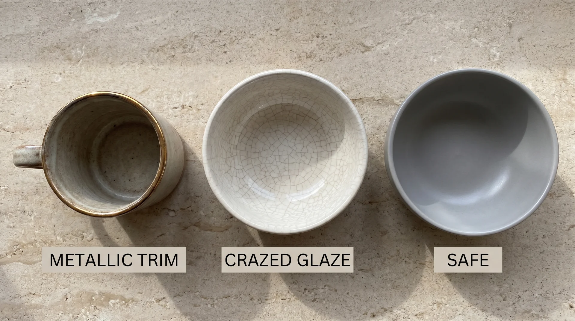 Three stoneware pieces compared: metallic trim, crazed glaze, and safe intact piece