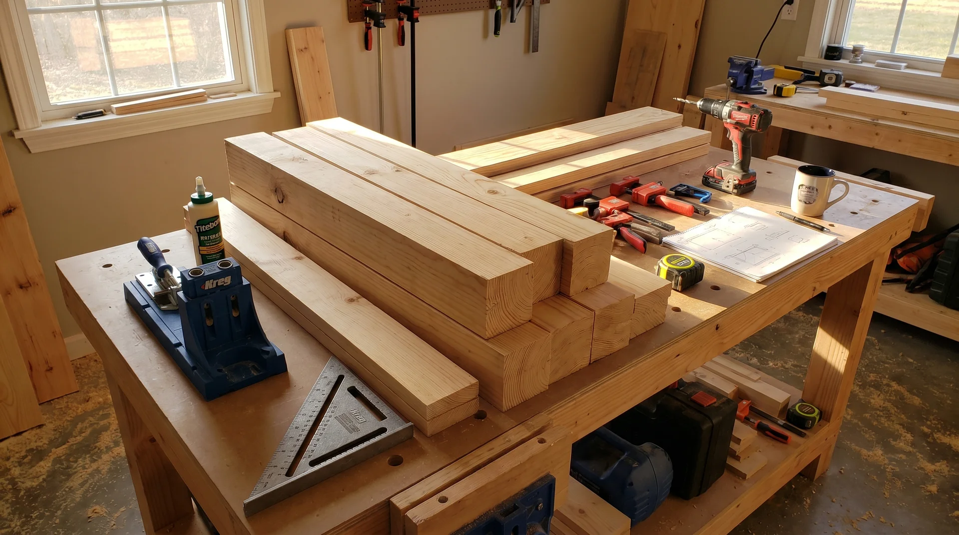 Tools and lumber prepared for building a farmhouse table base