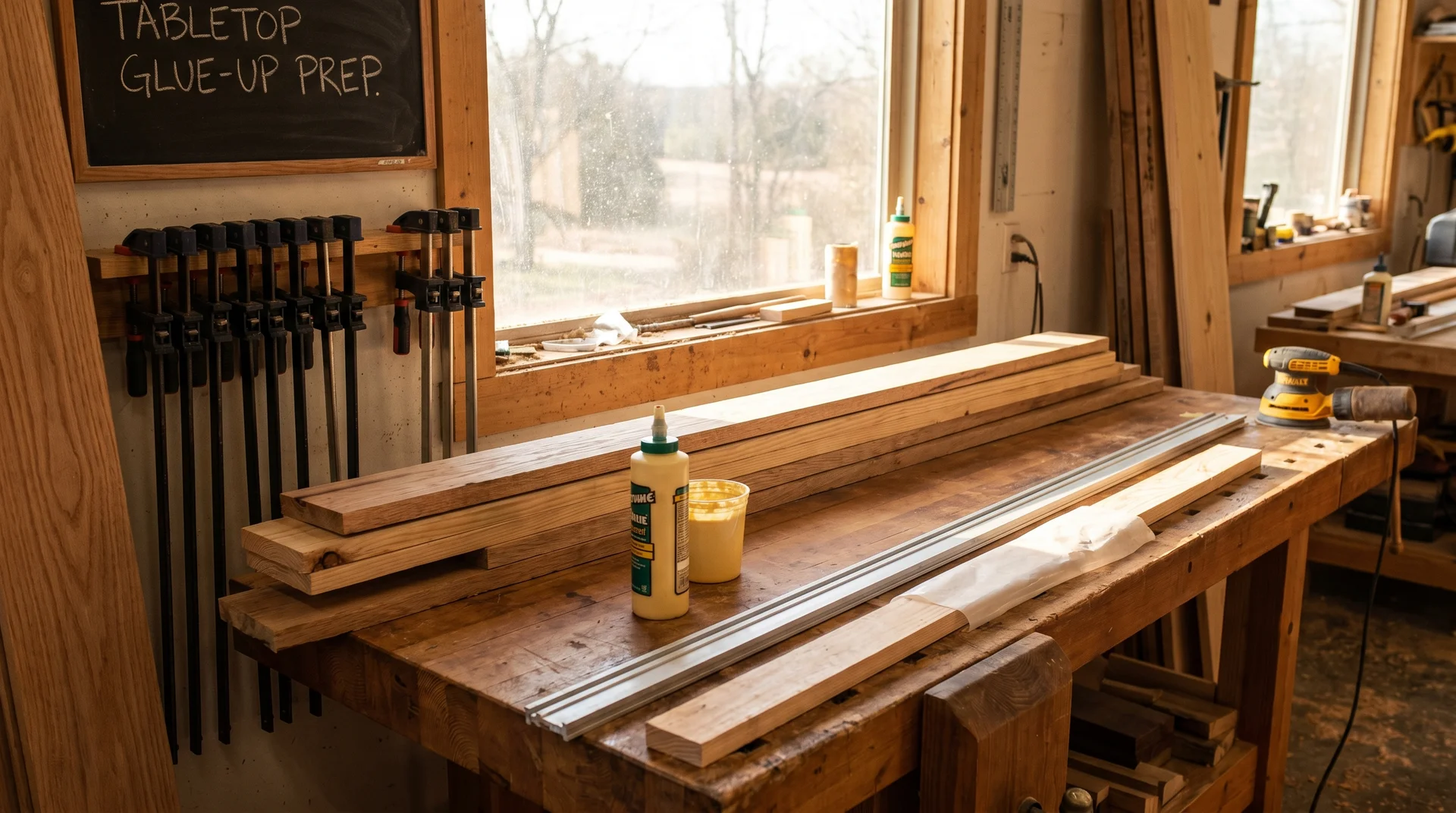 Tools and materials prepared for a tabletop glue-up