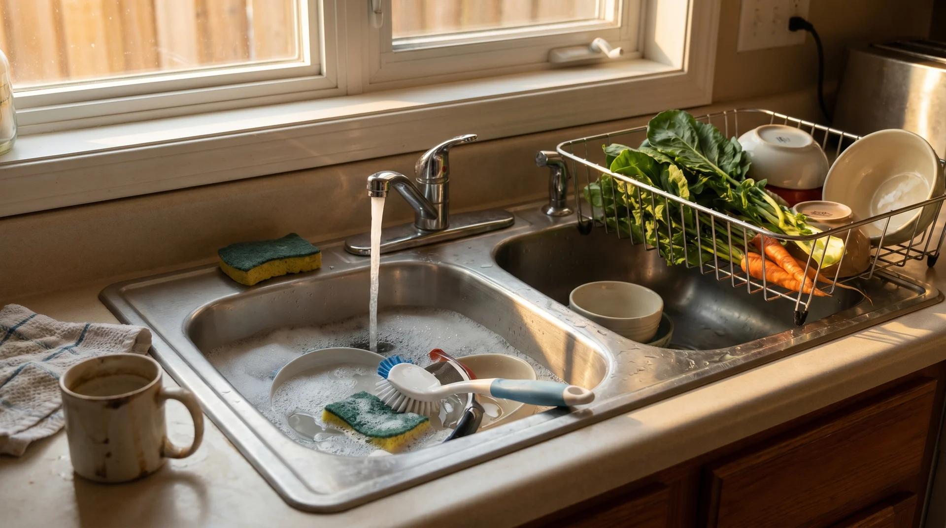 Traditional double-bowl drop-in sink used for washing and rinsing
