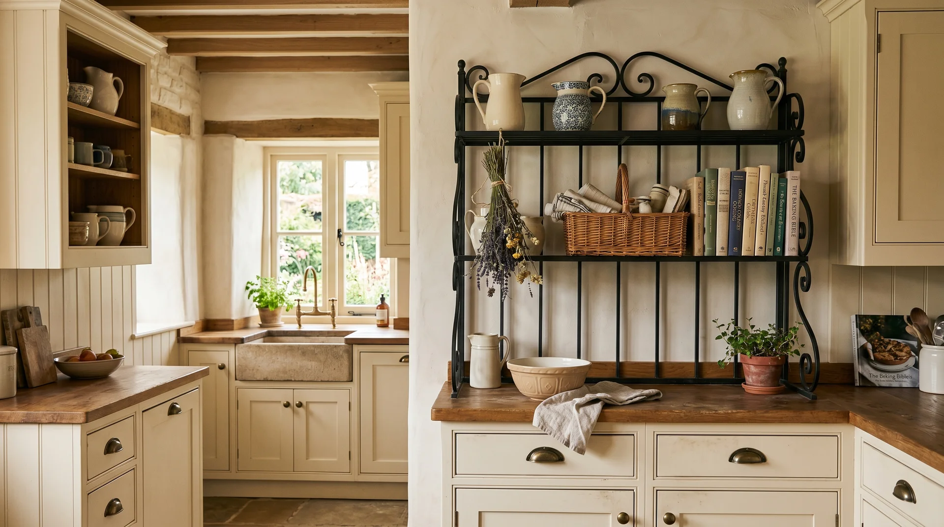 Traditional wrought iron baker's rack in a cottage-style kitchen