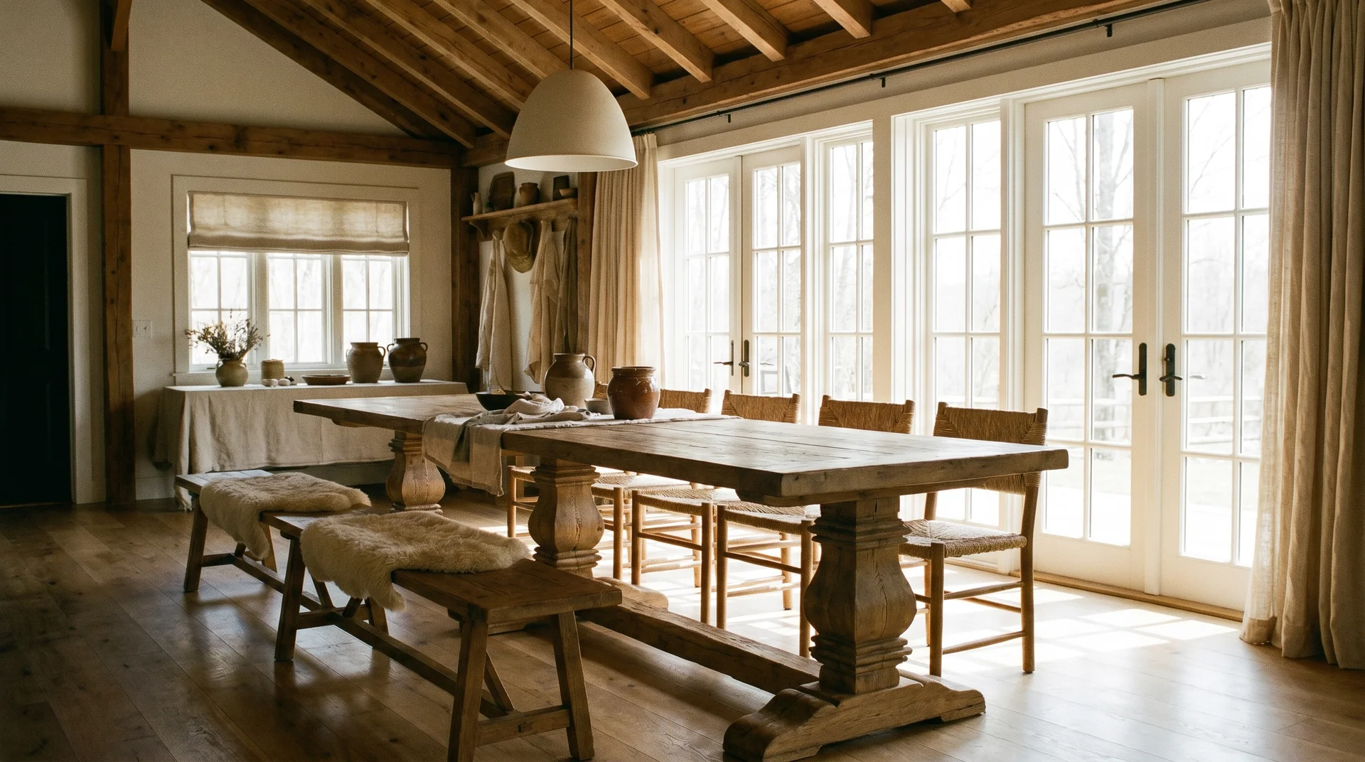 Trestle farmhouse table with bench seating in a long dining room