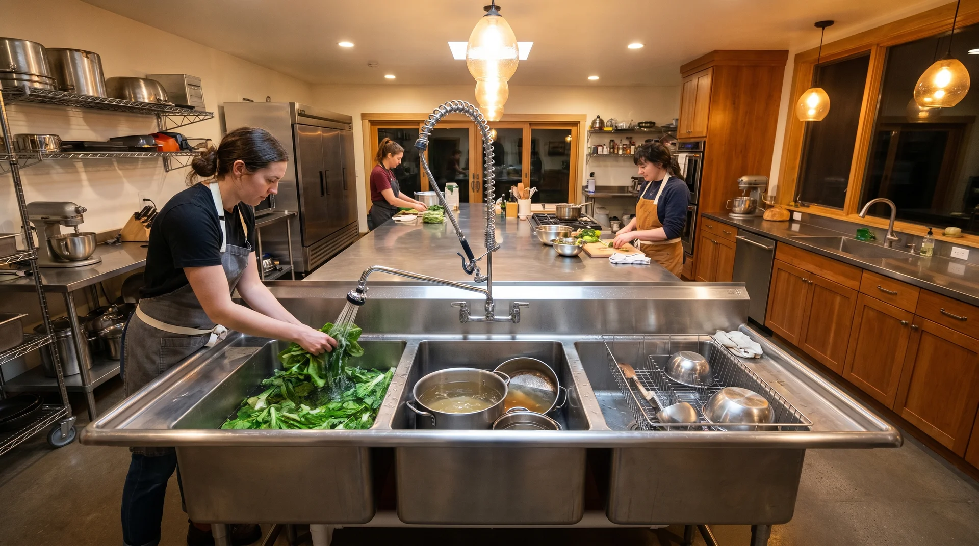 Triple-bowl drop-in sink in a large prep-focused kitchen