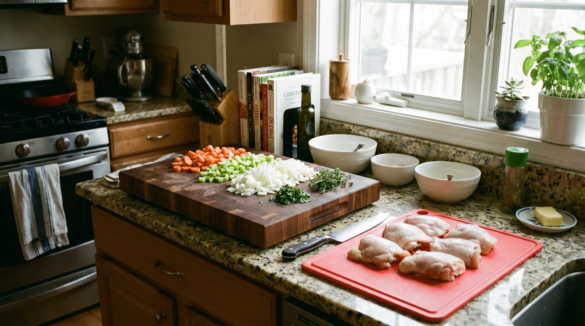 Two-board system in use on a home kitchen counter, one for produce and one for raw protein