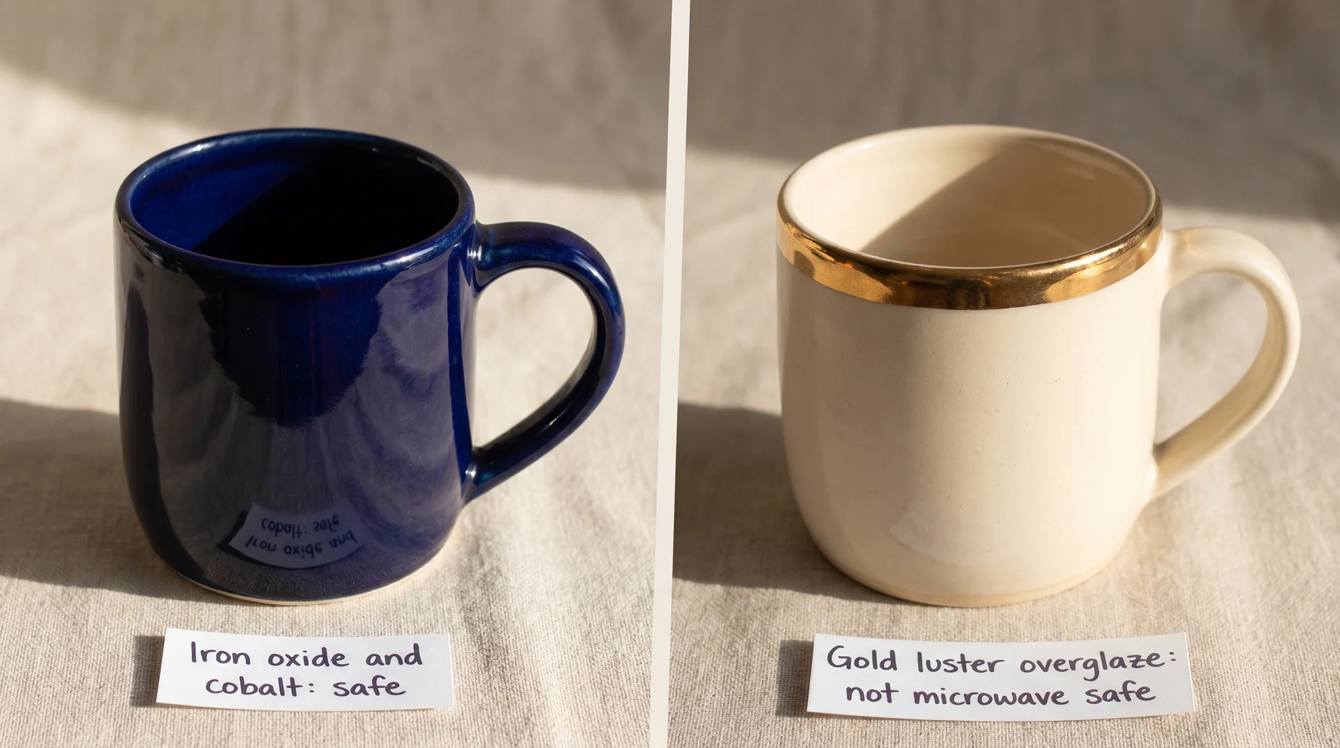 Two ceramic mugs side by side showing cobalt glaze versus gold luster rim, annotated for microwave safety