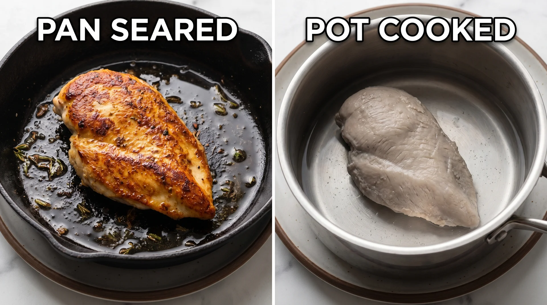 Two chicken pieces showing the difference between pan-seared and pot-steamed results