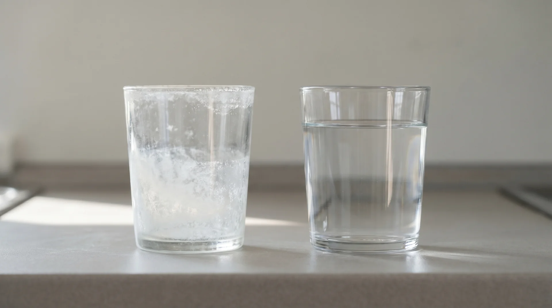 Two drinking glasses side by side showing cloudy mineral deposit haze on the left and clear glass on the right