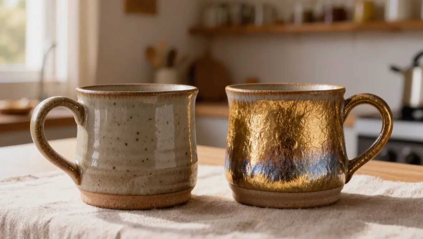 Two handmade ceramic mugs side by side, one with a plain matte stoneware glaze and one with an iridescent lustre finish catching the light