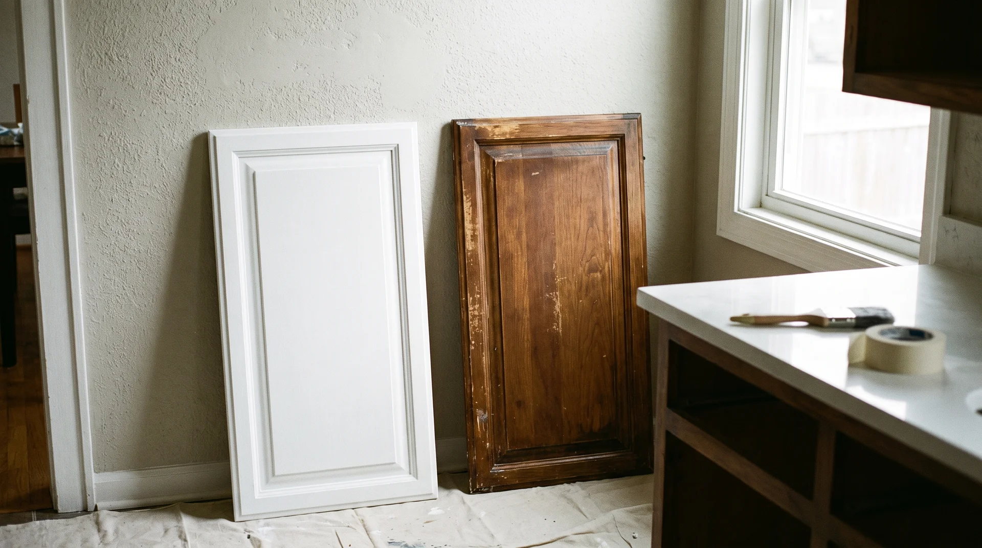 Two kitchen cabinet doors side by side — one unpainted wood, one freshly painted white — showing cost decision moment