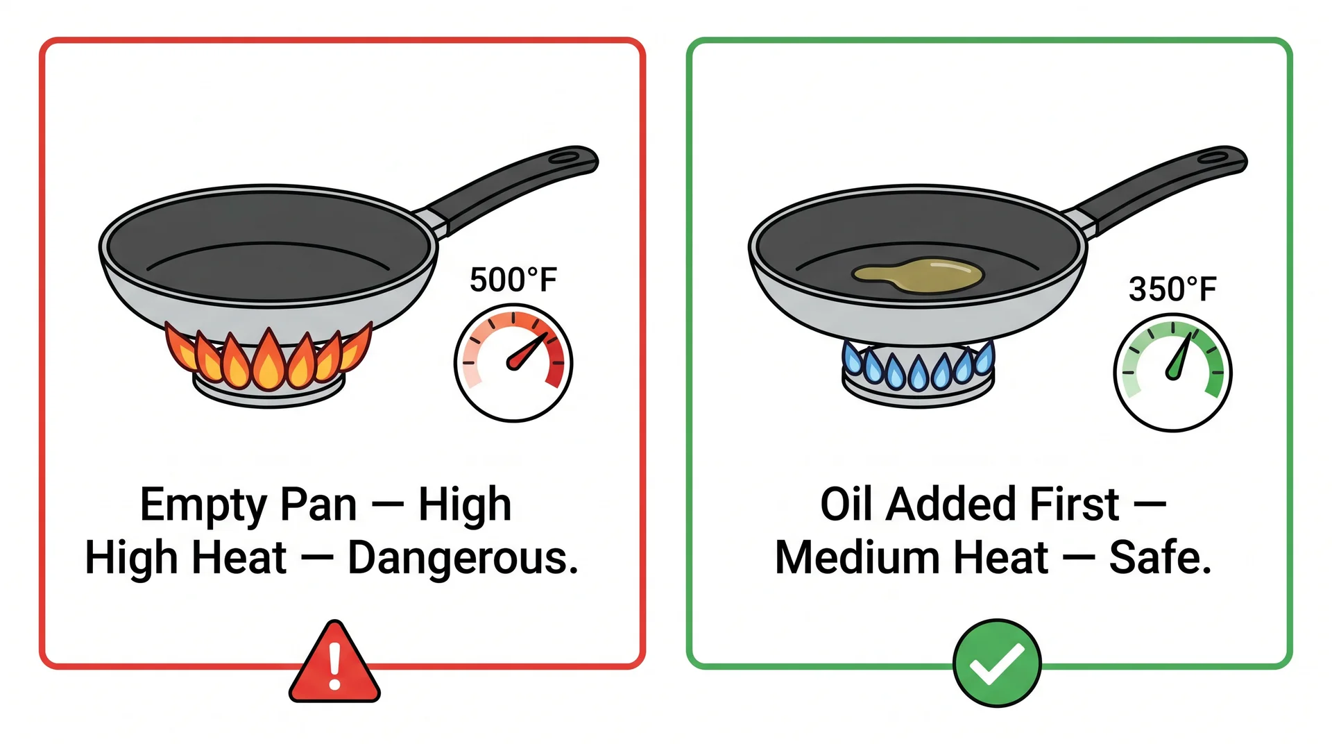 Two-panel diagram comparing an empty nonstick pan on high heat reaching 500°F versus oil-added pan on medium heat at safe temperature