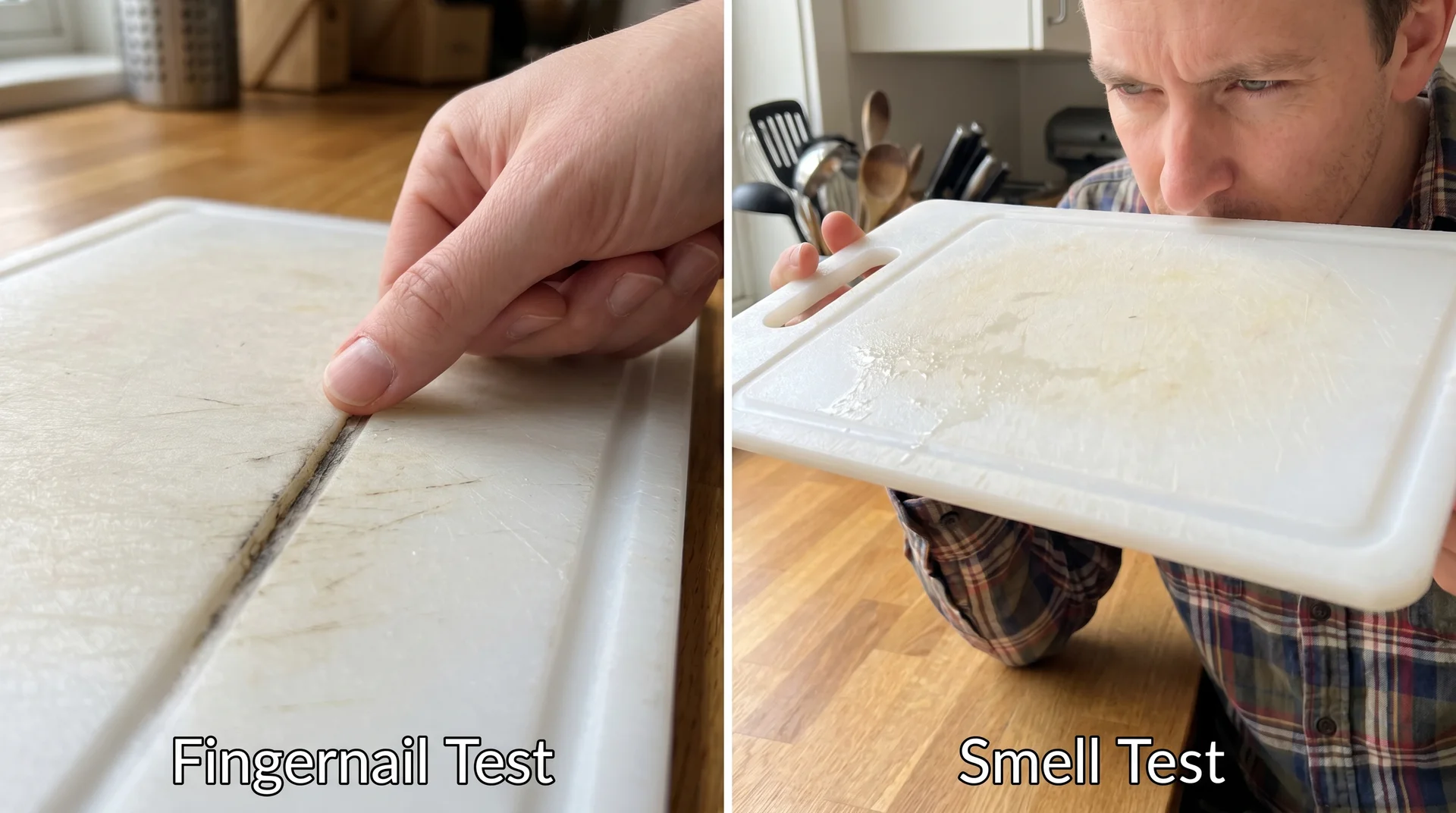 Two-panel image showing fingernail groove test and smell test for assessing whether a plastic cutting board should be replaced