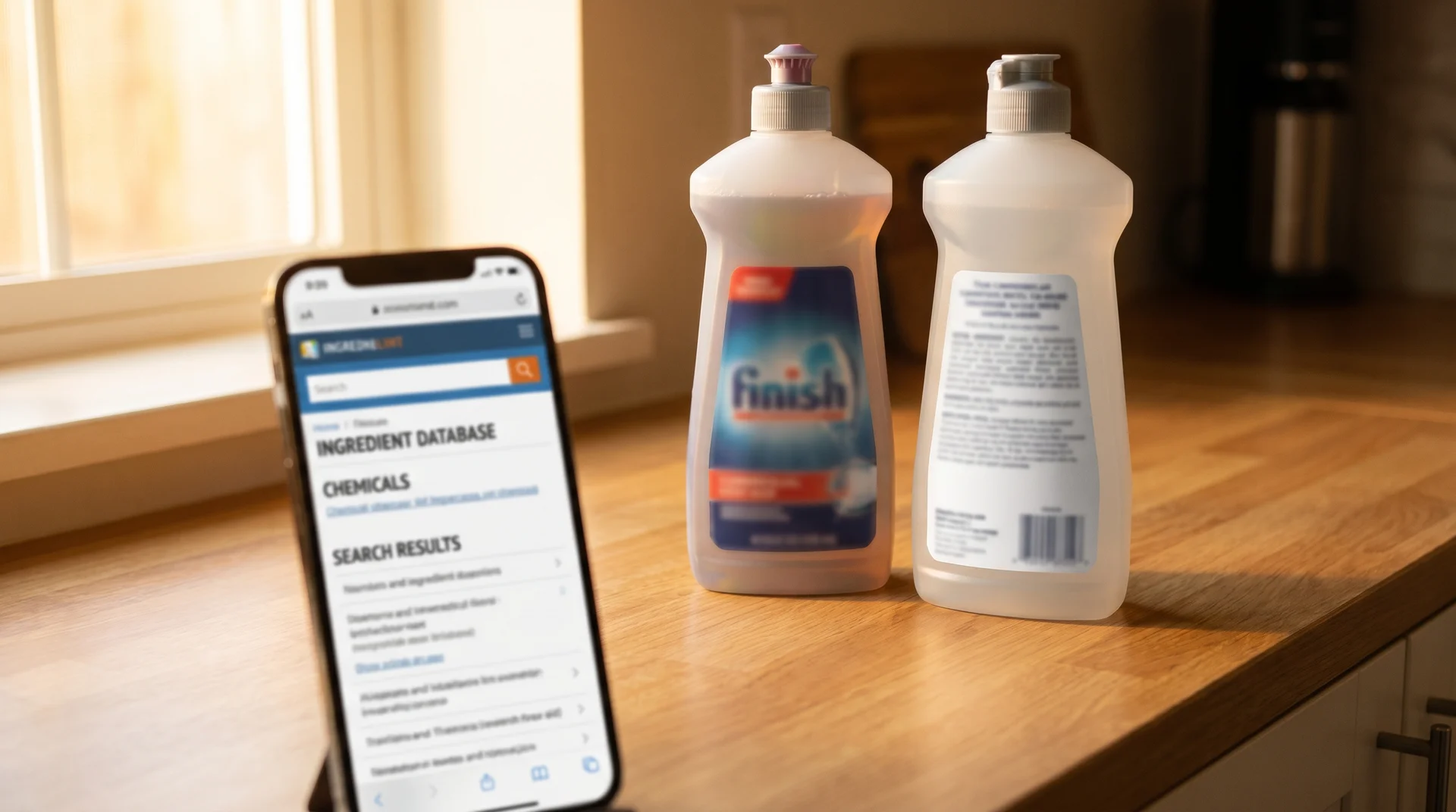 Two rinse aid bottles with back label visible beside a phone showing an ingredient database