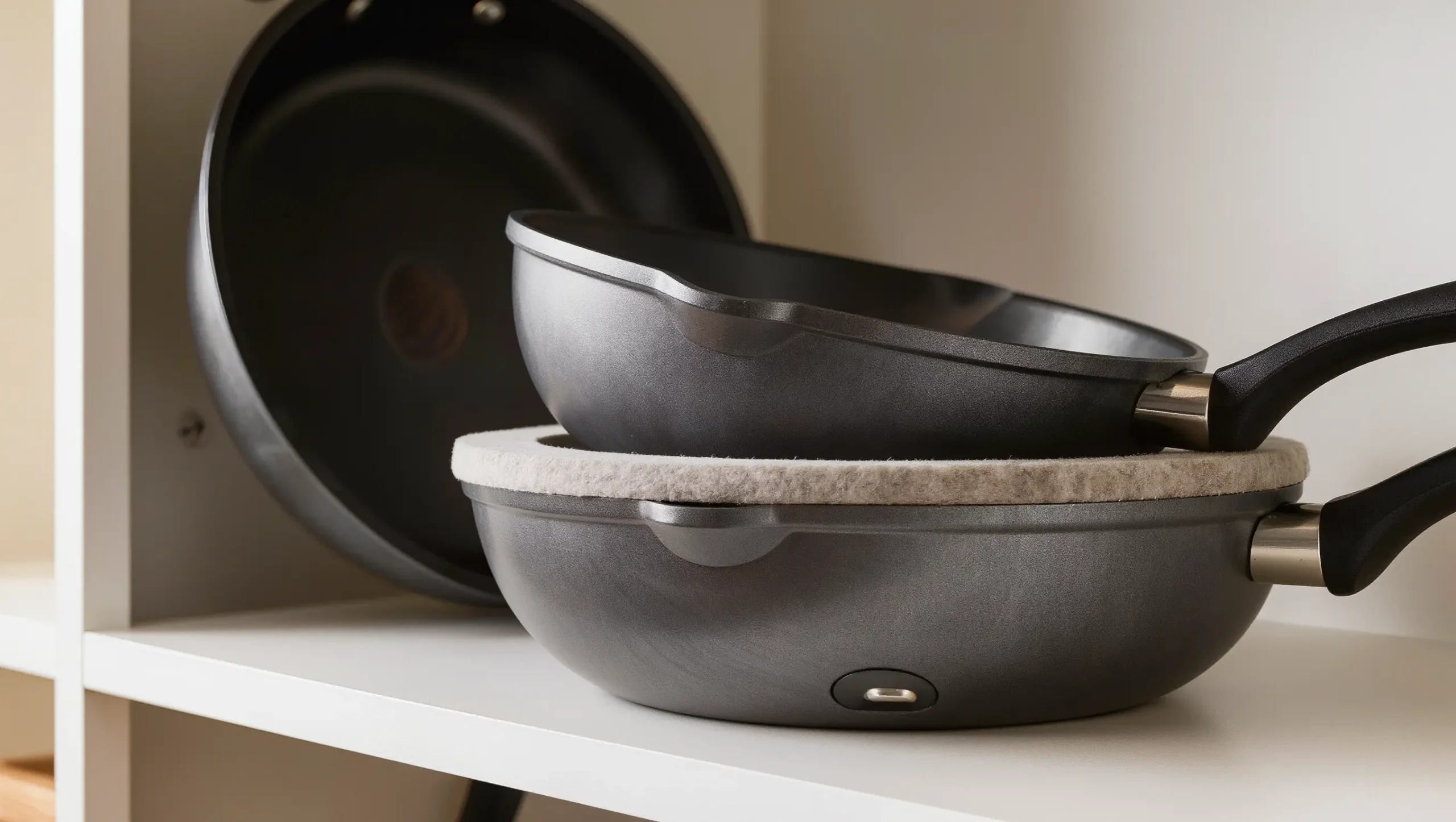 Two stacked hard anodized skillets with felt pan protector disc visible between them, correct storage method to prevent interior surface wear