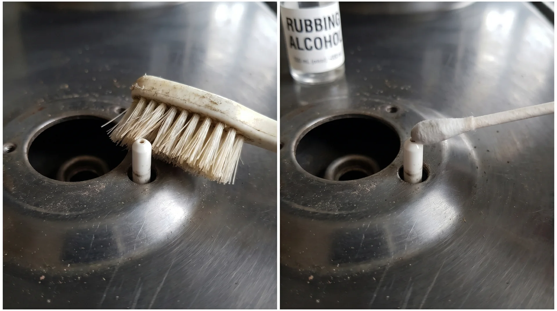 Two-step igniter tip cleaning: dry toothbrush around ceramic base, then alcohol-dampened cotton swab on the tip