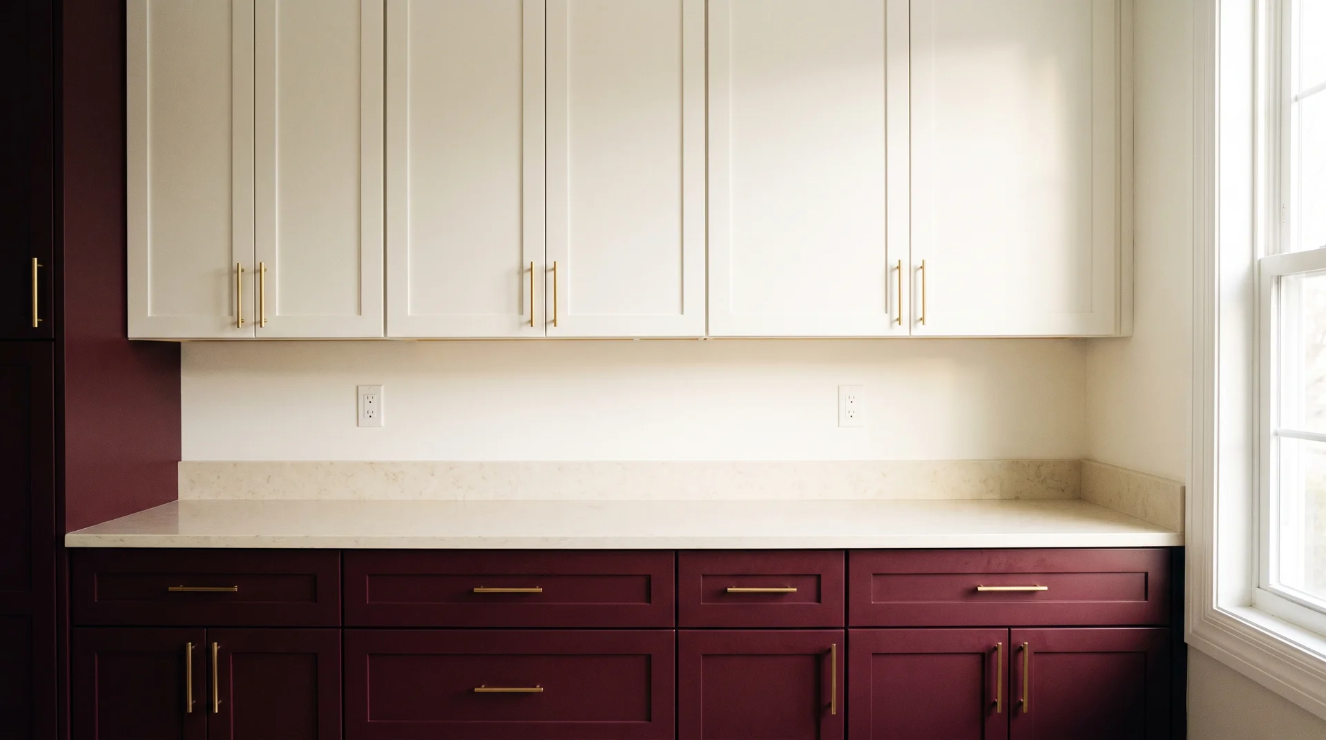 Two-tone kitchen with burgundy lower cabinets and warm white uppers with cream countertop