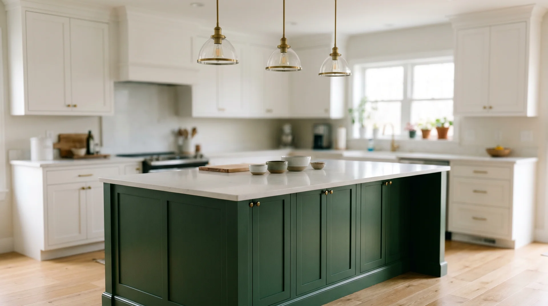 Two-tone kitchen with navy island and white Shaker perimeter cabinets, pendant lights above, natural morning light