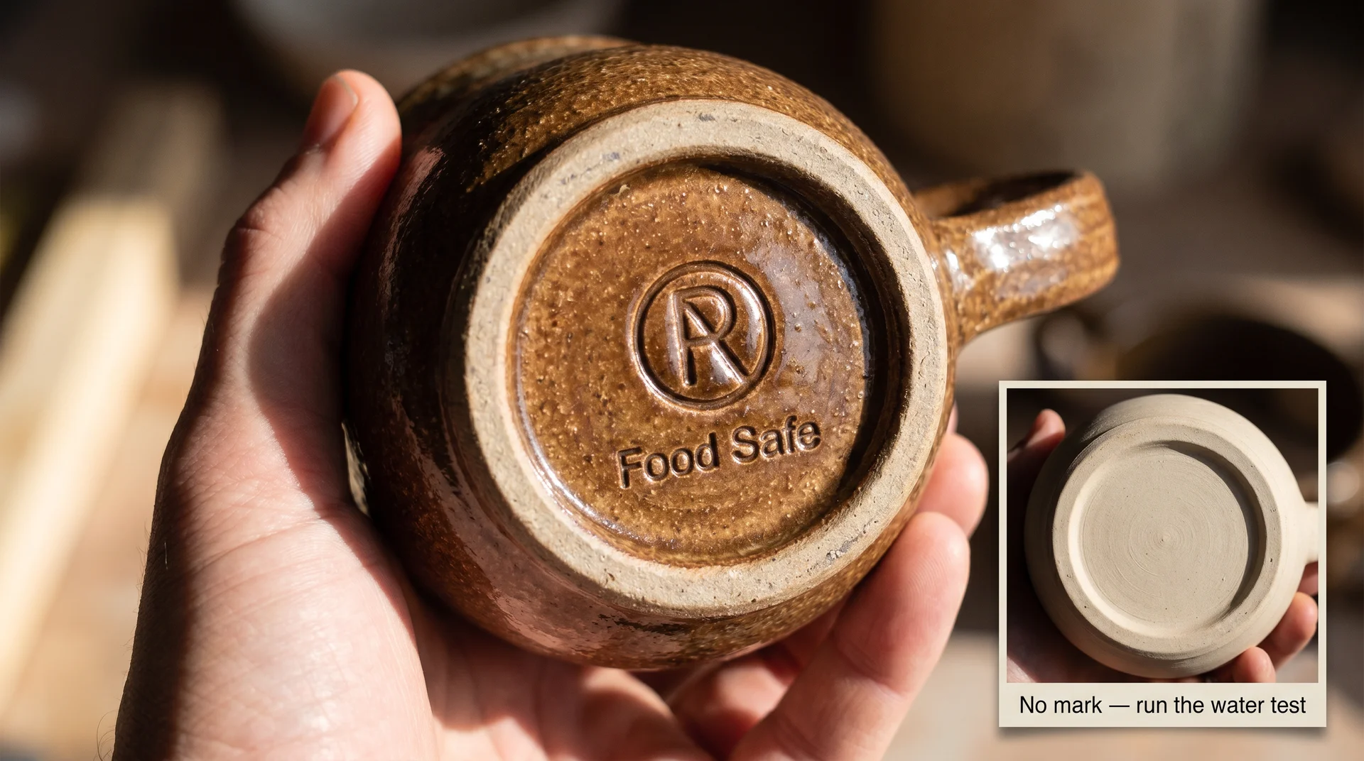 Underside of a handmade stoneware mug showing maker's stamp and food-safe marking, with inset of an unmarked base