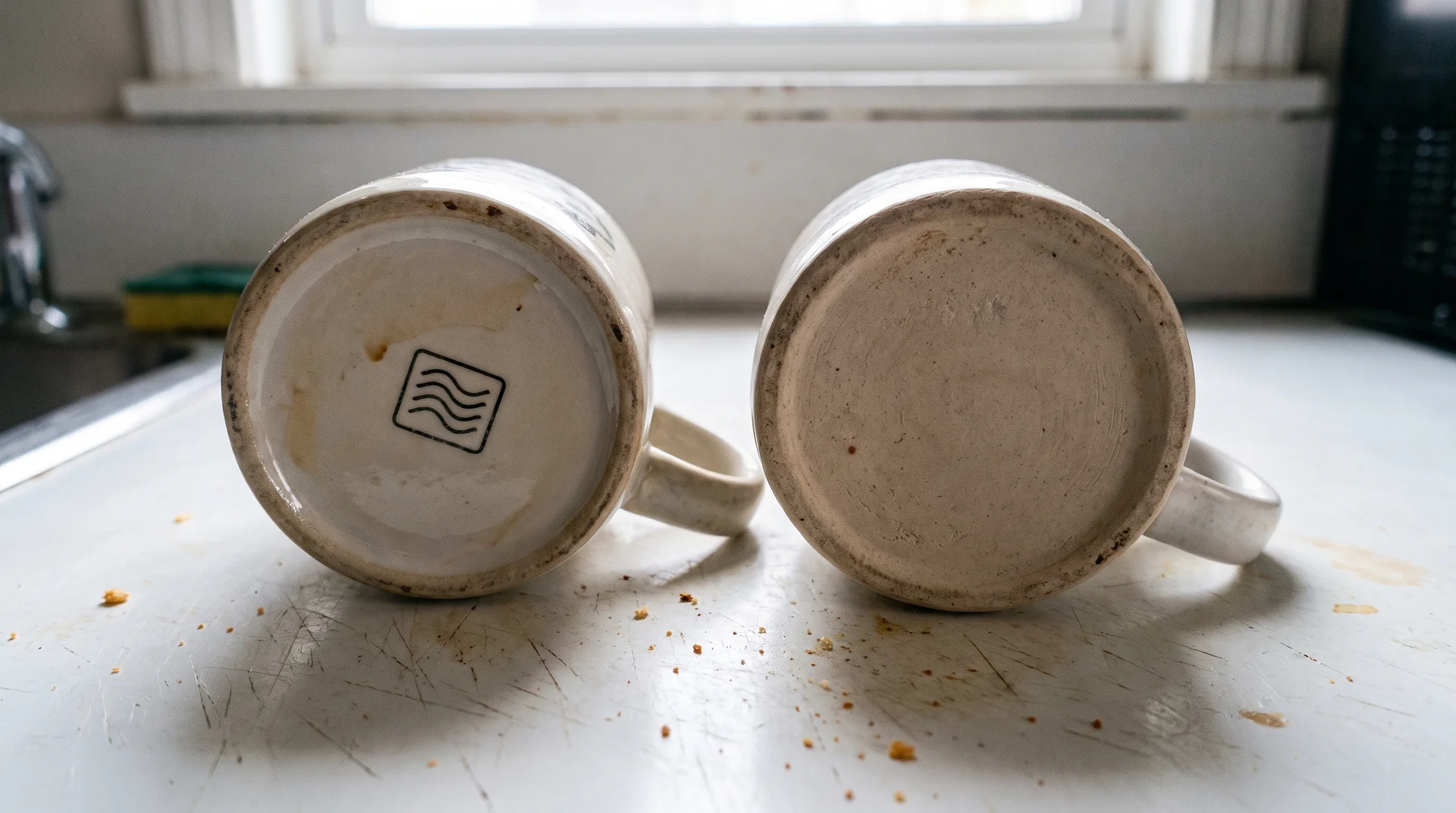 Underside of two mugs side by side, one with a microwave-safe wavy lines symbol, one with a blank base and no label