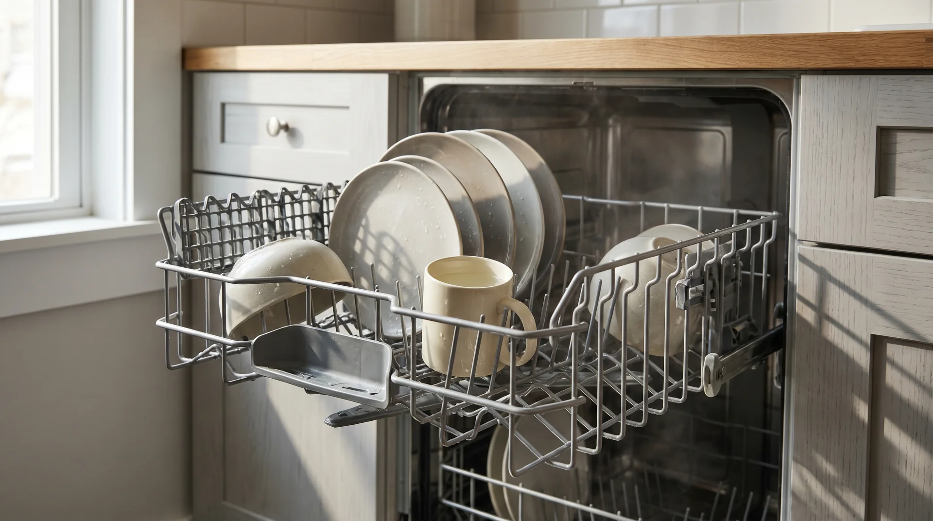 Vinegar cup on dishwasher top rack for natural rinse aid use