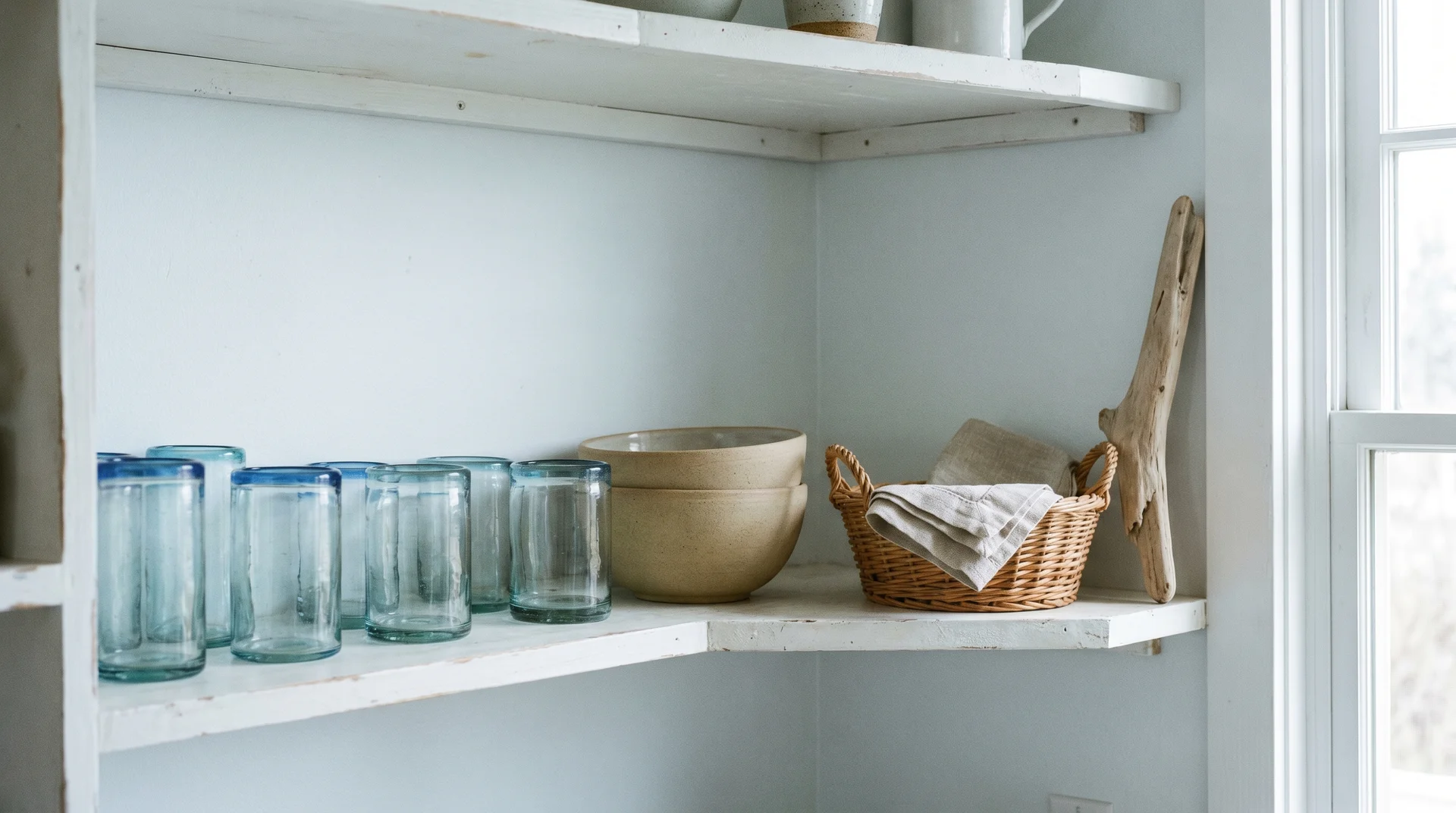 Vintage blue glassware and weathered driftwood on coastal grandmother kitchen shelving