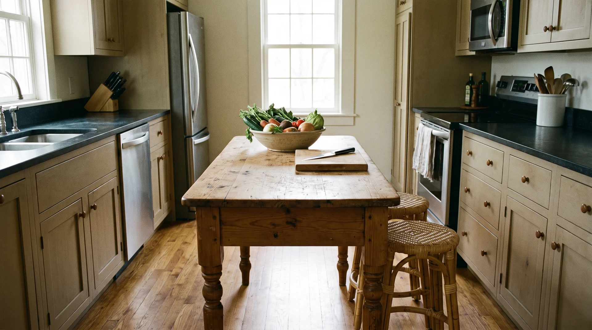 Vintage farmhouse table at 30-inch table height used as kitchen island with surrounding counter runs visibly 6 inches higher