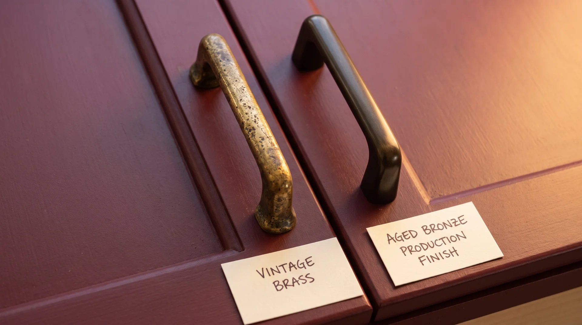 Vintage unlacquered brass pull beside production aged bronze pull against a burgundy cabinet face showing patina difference