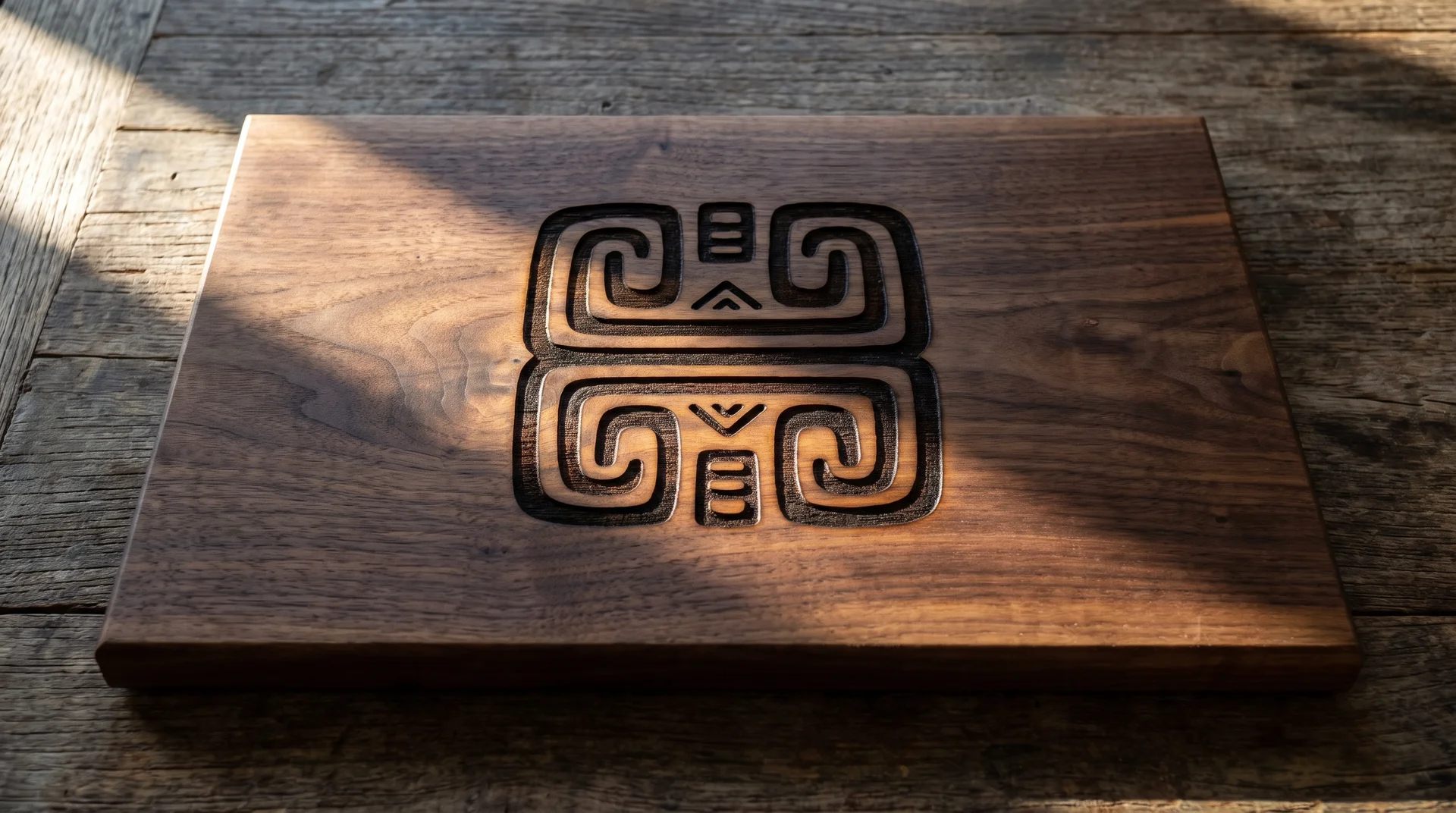 Walnut board with a bold geometric heritage symbol centered, deep burn, raking light from the left