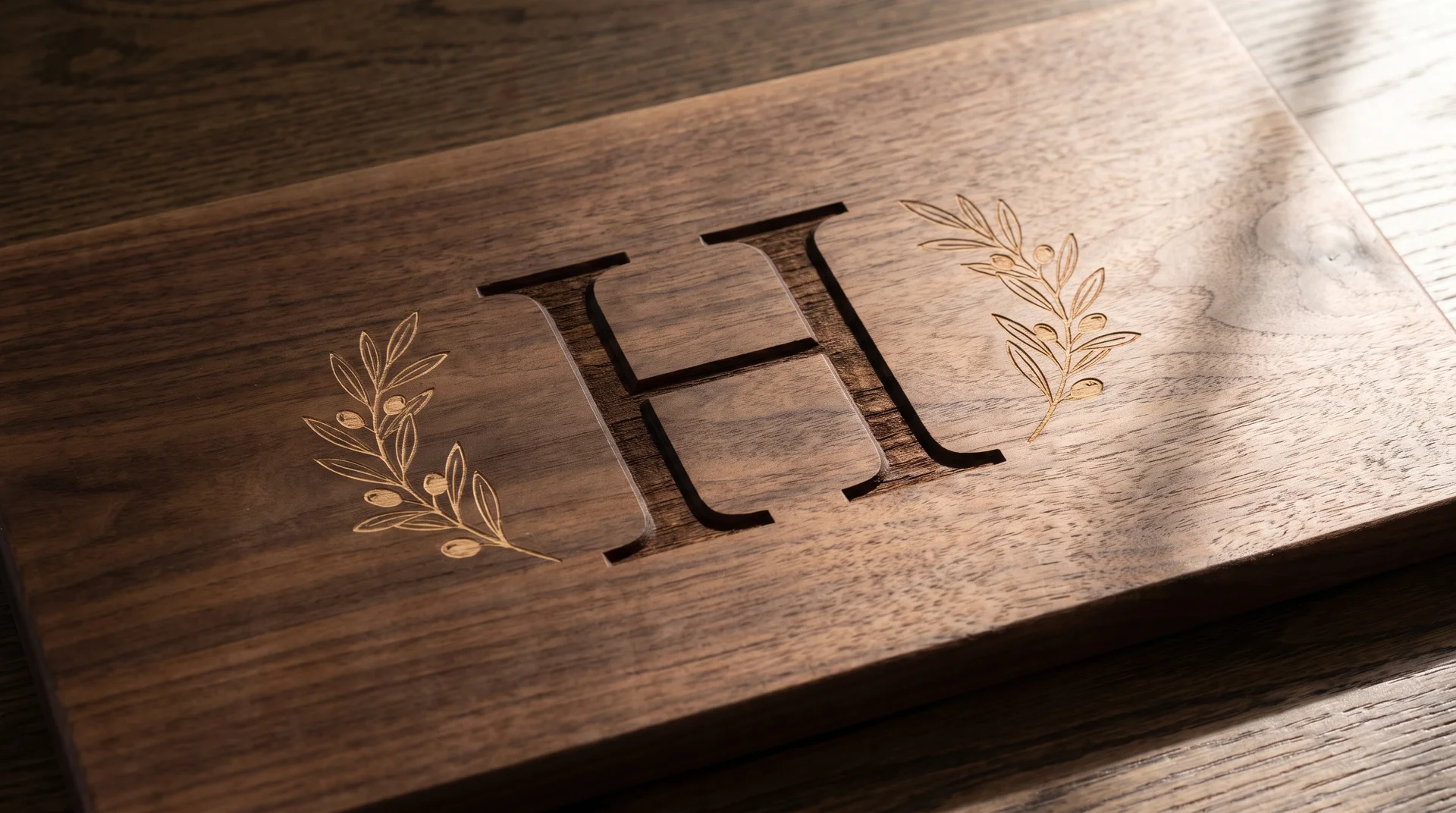 Walnut board with a bold monogram and shallower olive branch flanking it, raking light showing burn depth difference