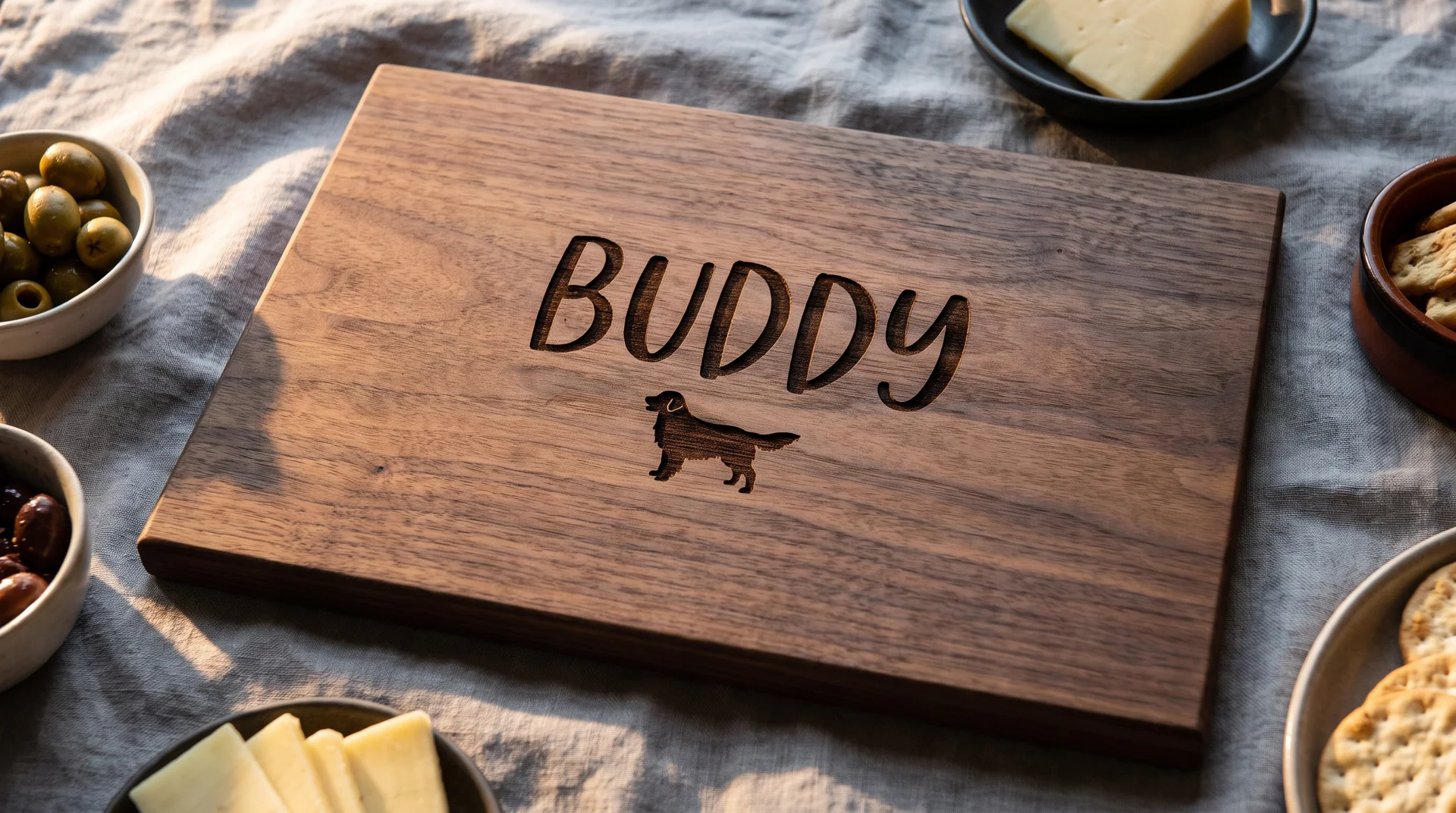 Walnut board with a pet's name in script and a clean breed silhouette below, gray linen, sidelight left