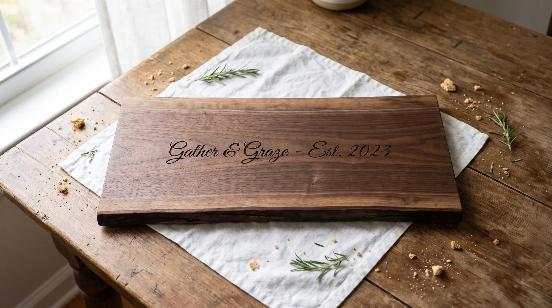 Walnut board with a single line of italic script centered, generous space above and below, diffused window light