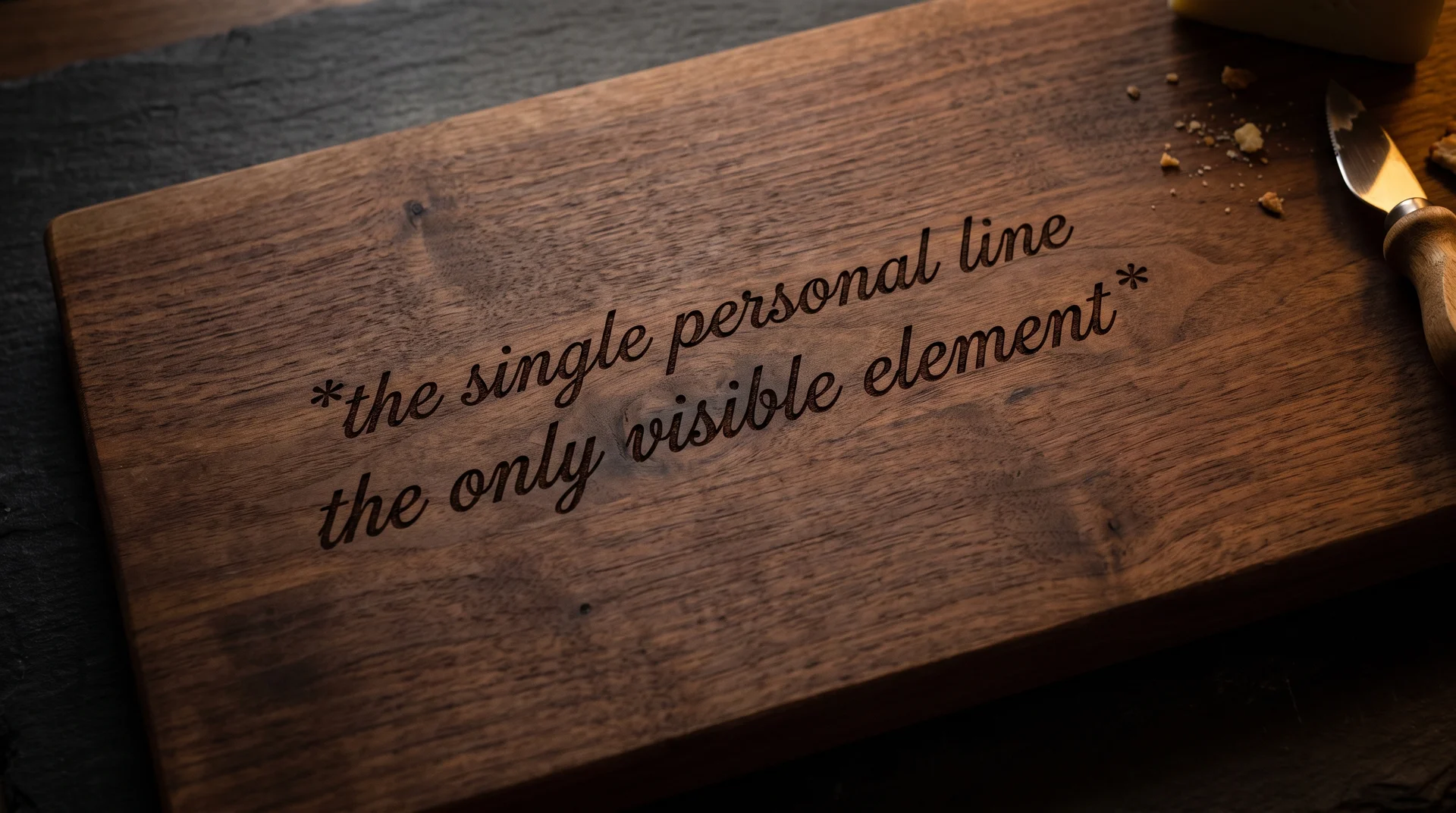 Walnut board with a single short italic script phrase centered, generous space all around, low warm sidelight