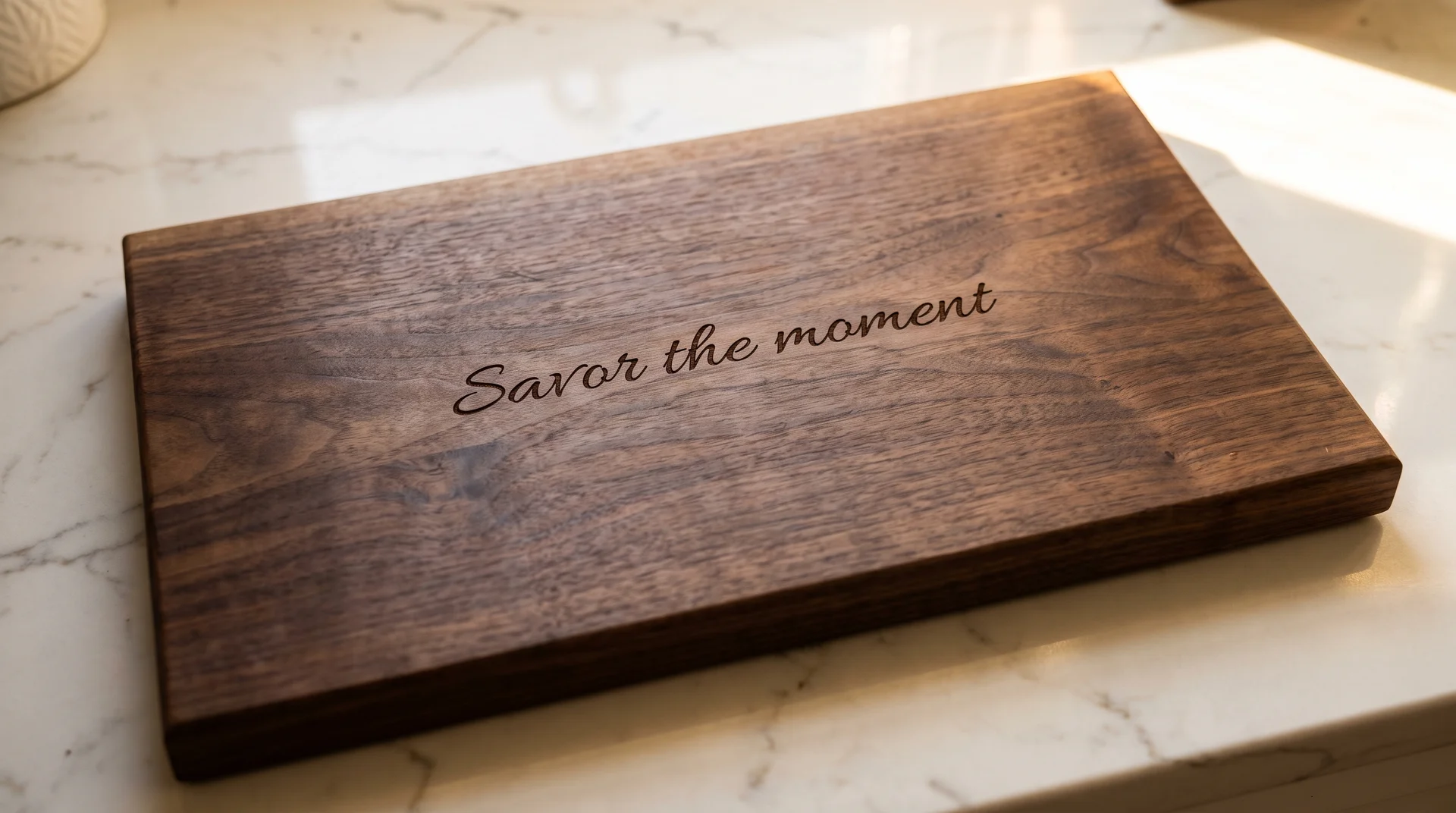 Walnut board with a single short italic script phrase centered, generous space, marble counter, sidelight right