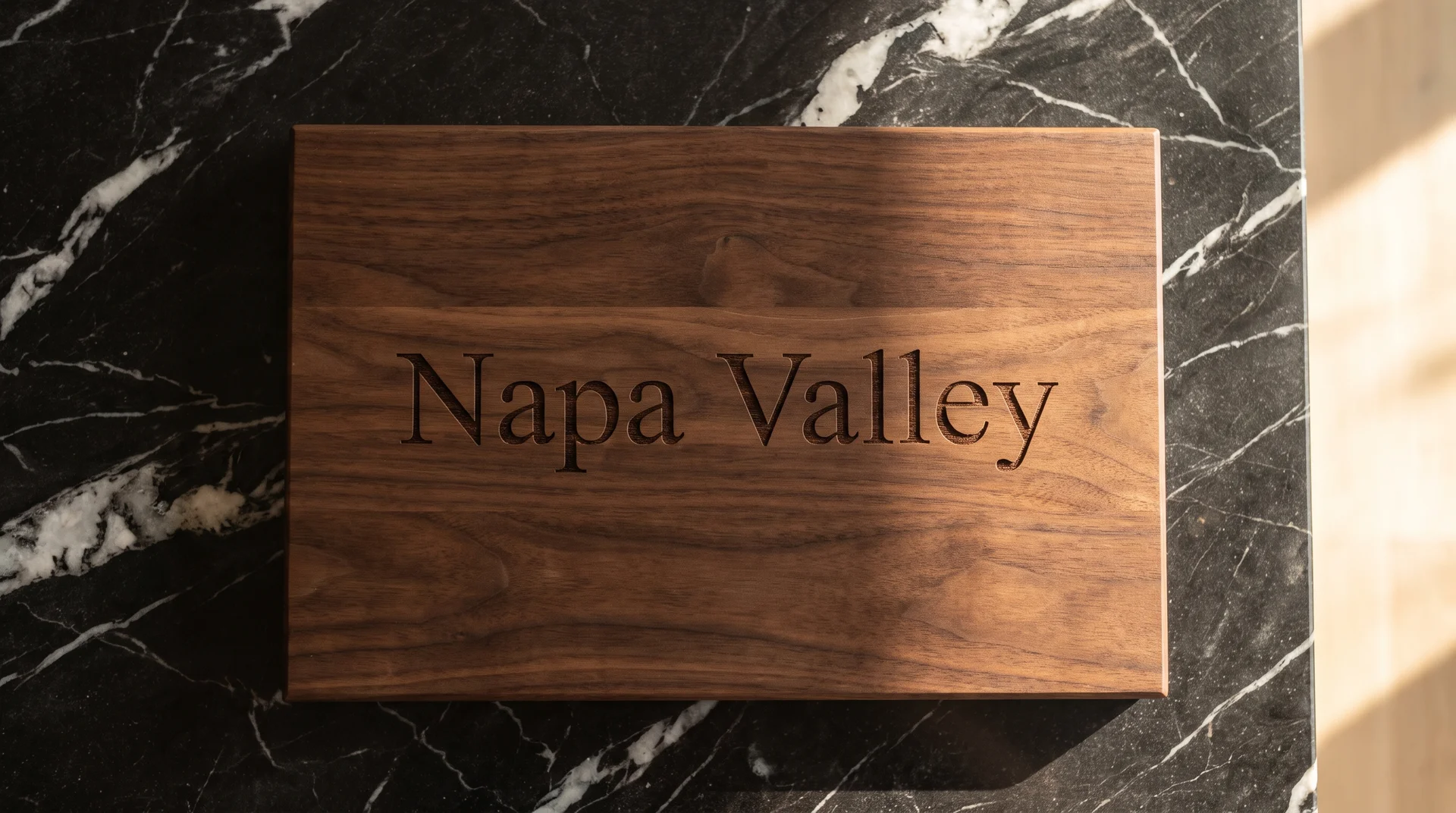 Walnut board with a single wine region name in elegant centered serif type, dark marble surface, sidelight right