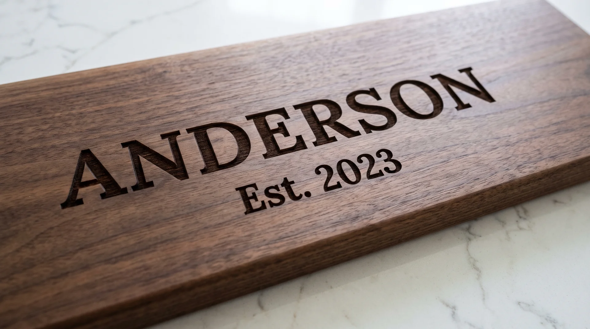 Walnut board with surname in large serif above Est. year in smaller size, white marble surface